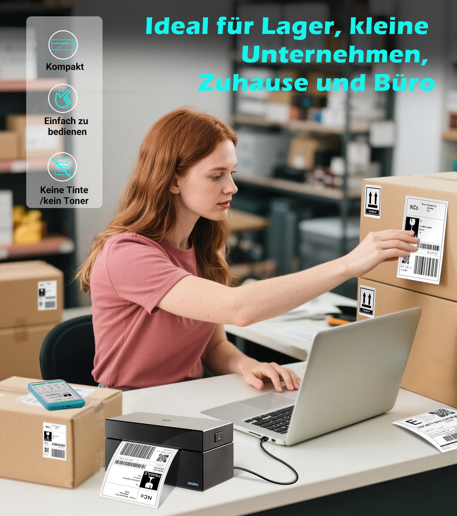 ORGBRO Bluetooth Etikettendrucker Z1 Plus DHL Thermodrucker Etikettiergerät 4x6 Versandetiketten Drucker Labeldrucker für Barcode, Adresse, Kompatibel mit Amazon, Etsy, Shopify, Schwarz