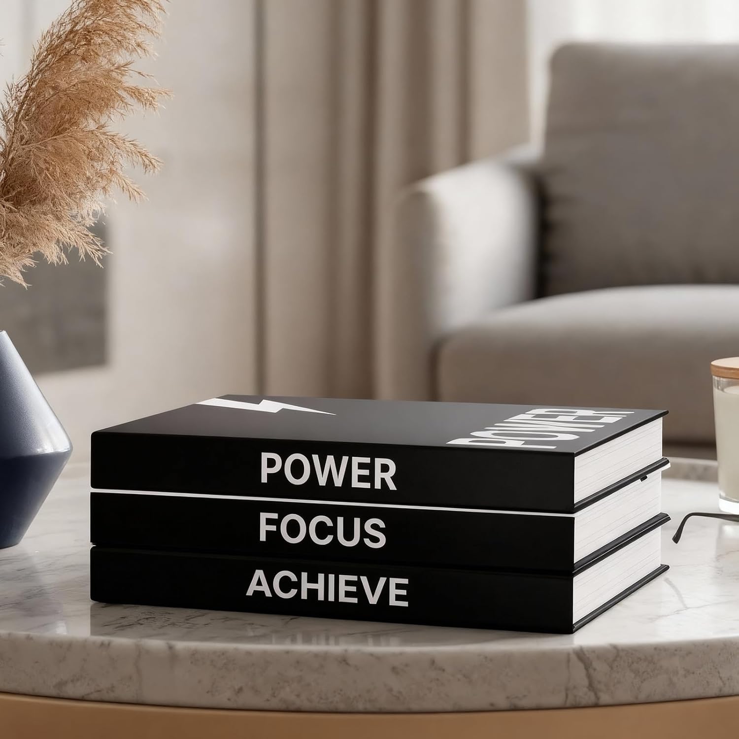 Gifts for Men, Dad, Boss - Motivational Office Desk Decor & Accessories - Black Faux Book Box for Hidden Storage of Cash & Photos - Modern Bookshelf Display (Set of 3, Achieve Focus Power)