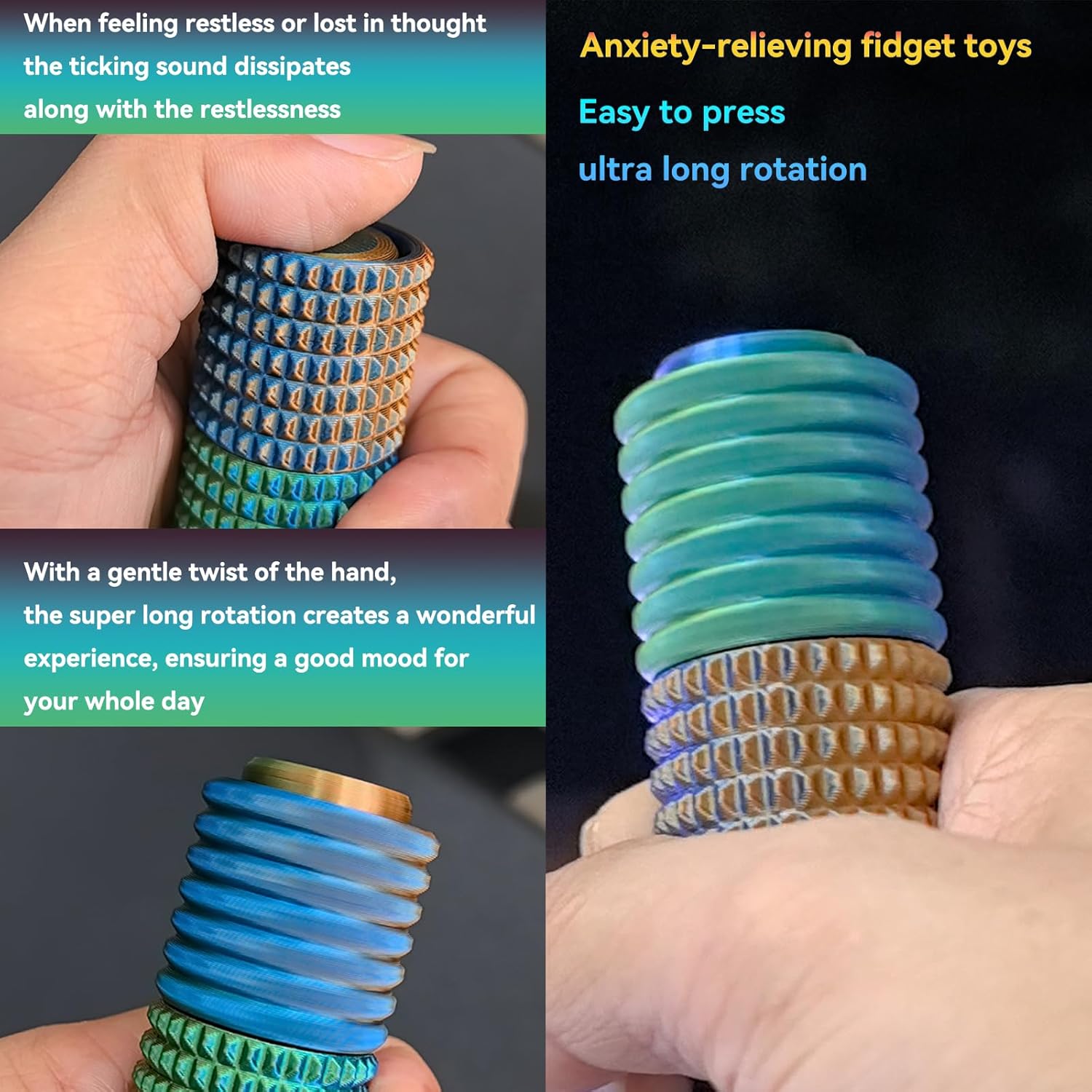 Pain Stim Fidget, Rotate | Clickr, 3-in-1 Design, Attention Deficit - ADHD - Autism - Adult Fidgets for Anxiety and Stress (Stinging Style - Blue Green Orange)