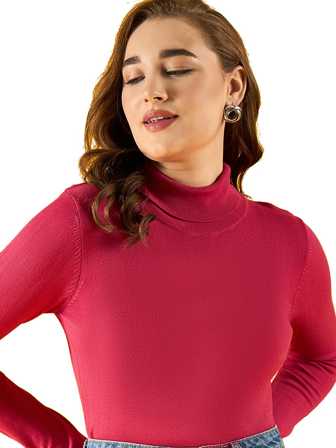 98 north 98 Degree North Women Cotton Self Design High Neck Pullover Has A Full Sleeves and Straight Hem-RG1151-F.Pink-picture-4