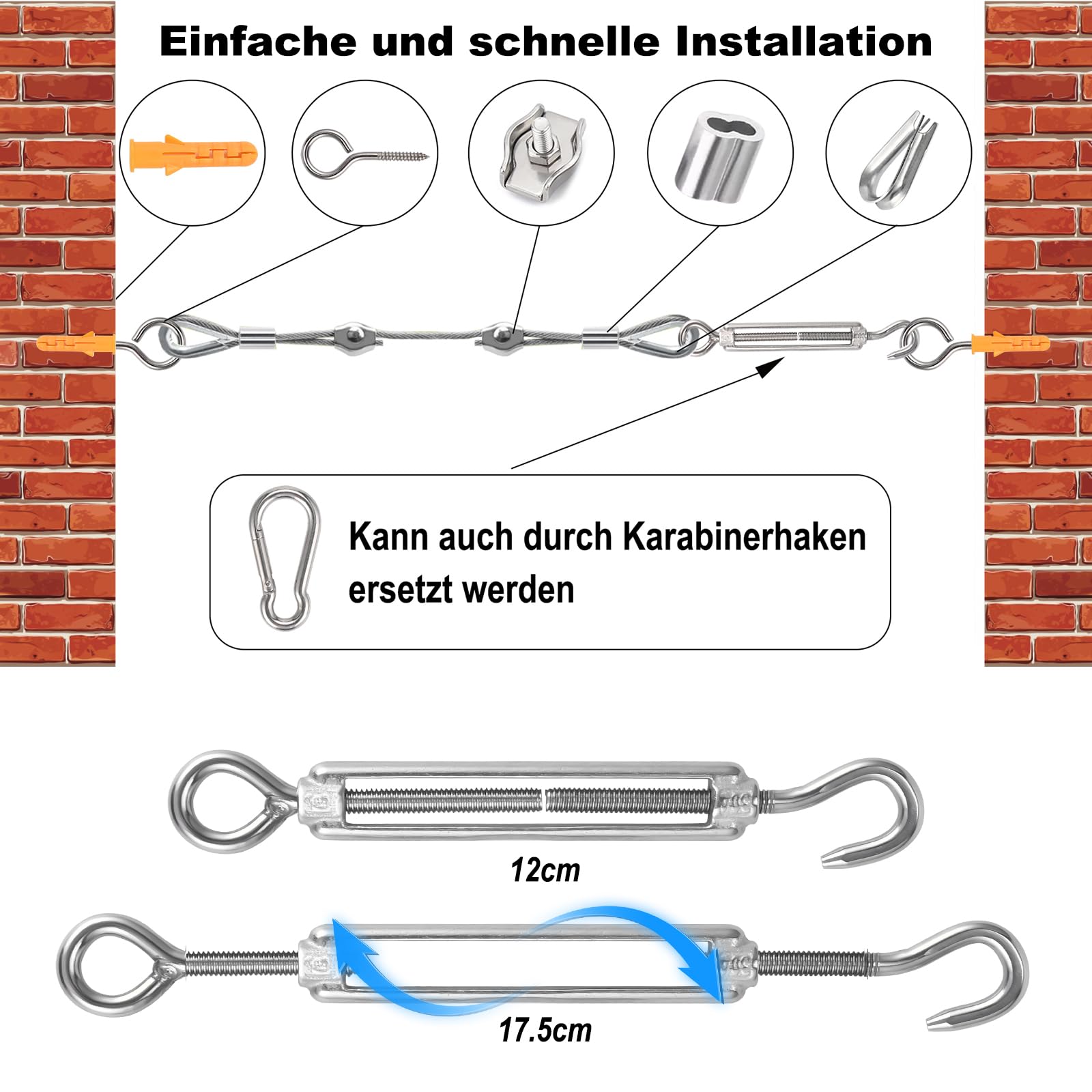 Philtool 73Pcs Drahtseil Kit, 36M Edelstahl Drahtseil 3mm, 304 Stahlseil Ummantelt mit Ösen Seilspanngarnitur für Kabeldraht, Spanndraht, Wäscheleinen, Gardinenseil, Zäunen, Außenbeleuchtung