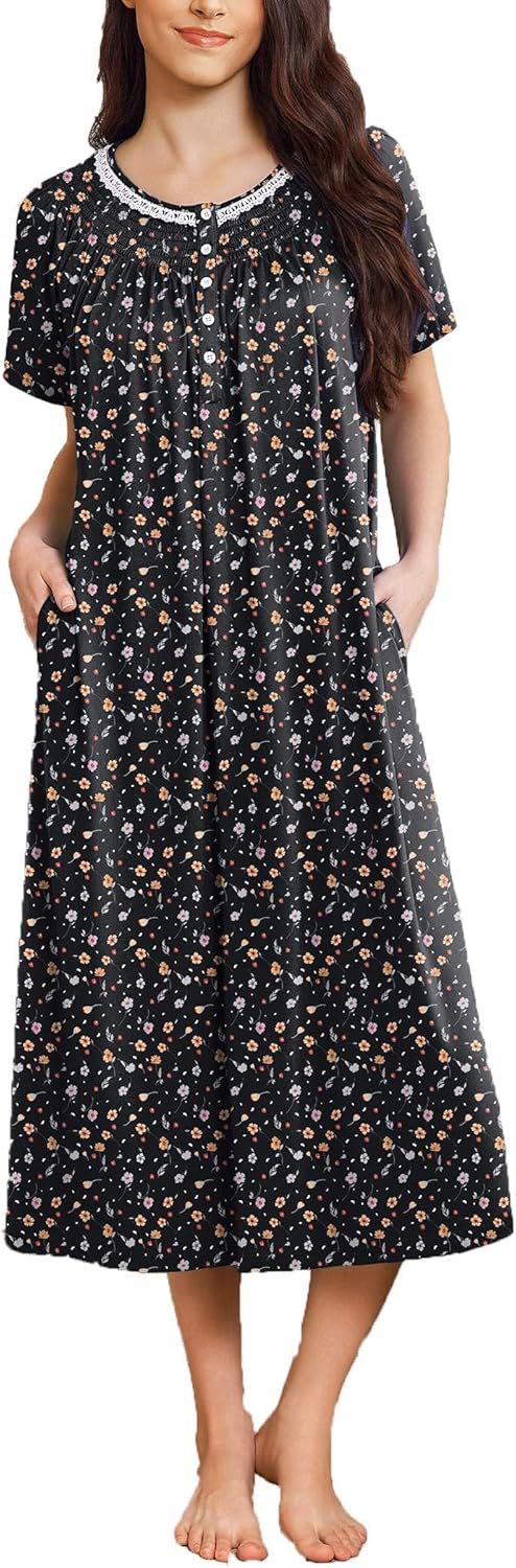 Ekouaer Long Nightgowns for Women Short Sleeve Sleepshirt Button Sleep Dress with Pockets