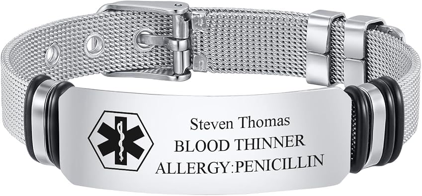 Gamtic Custom Medical Alert Bracelet for Men & Women - Personalized Stainless Steel Medical ID Bracelet with Adjustable Band - Engraved for Diabetes, Epilepsy, Allergy, Blood Thinner Alert