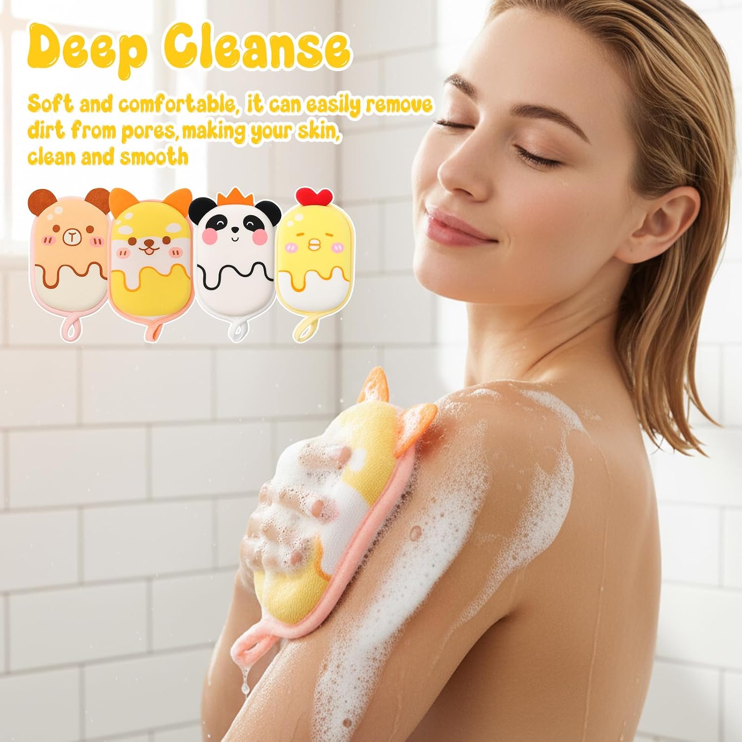 4 Pack Bath Sponge for Kids and Baby, Bath Loofah Sponge, Soft and Absorbent Exfoliating Body Scrubber Shower Cute Cartoon Mesh Sponges for Shower Washing Exfoliating Kids Baby Women Boys and Girl