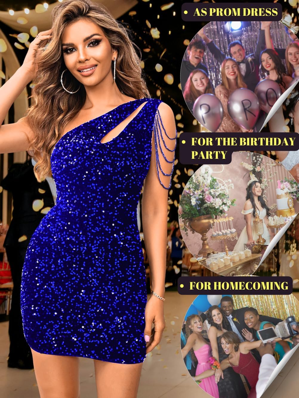 Kaei&Shi Sequin Velvet Prom Dress,Cut Out One Shoulder Short Formal Dresses,Sparkly Outfits Women HOCO Birthday Cocktail - Image 6