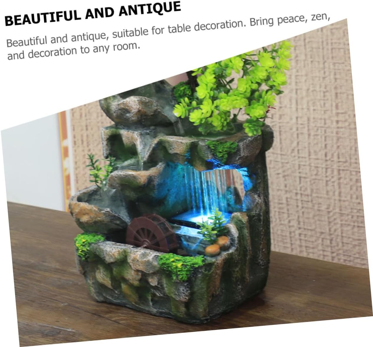 VILLCASE Mini Indoor Water Fountain for Desk Decor Resin Tabletop Waterfall Fountain with US Plug Relaxing Zen Meditation Ornament for Living Office Bedroom and Tearoom