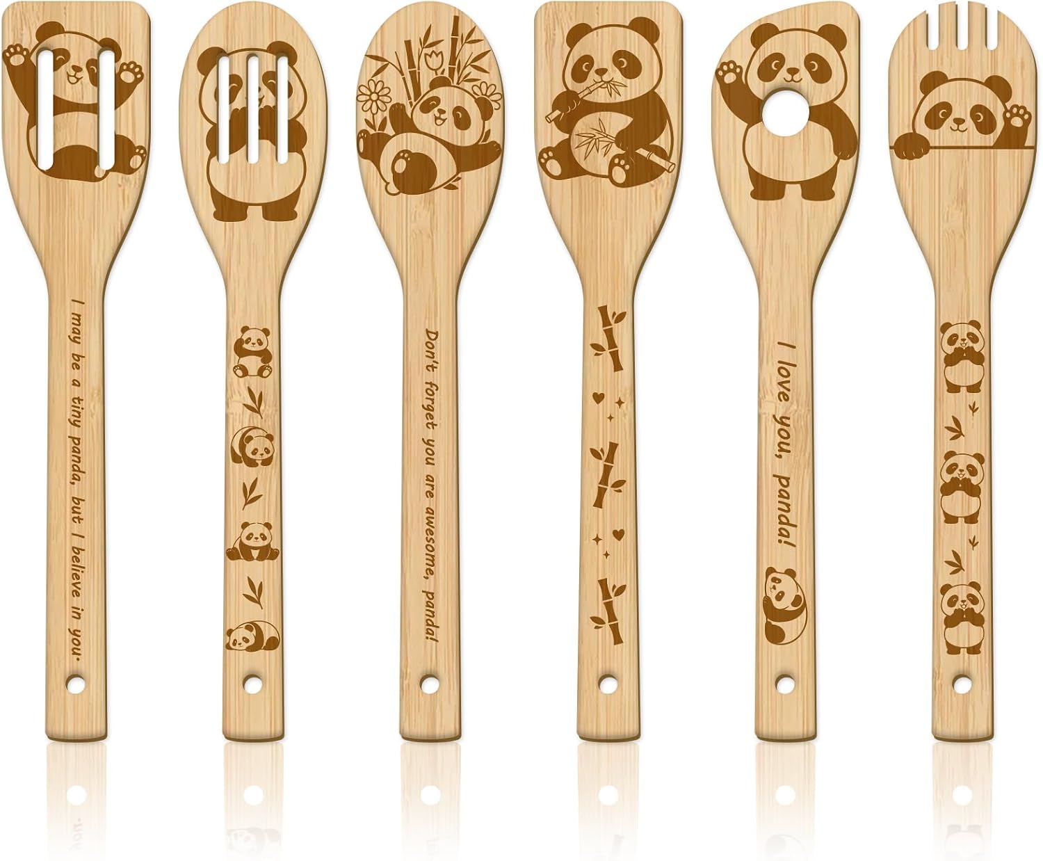GLOBLELAND 6 Pcs Pandas Wooden Spoons Utensil Set Cute Panda Bamboo Carving Kitchen Cooking Utensils Wooden Engraved Cooking Spatula Sets for Kitchen Fun House Warming Gift