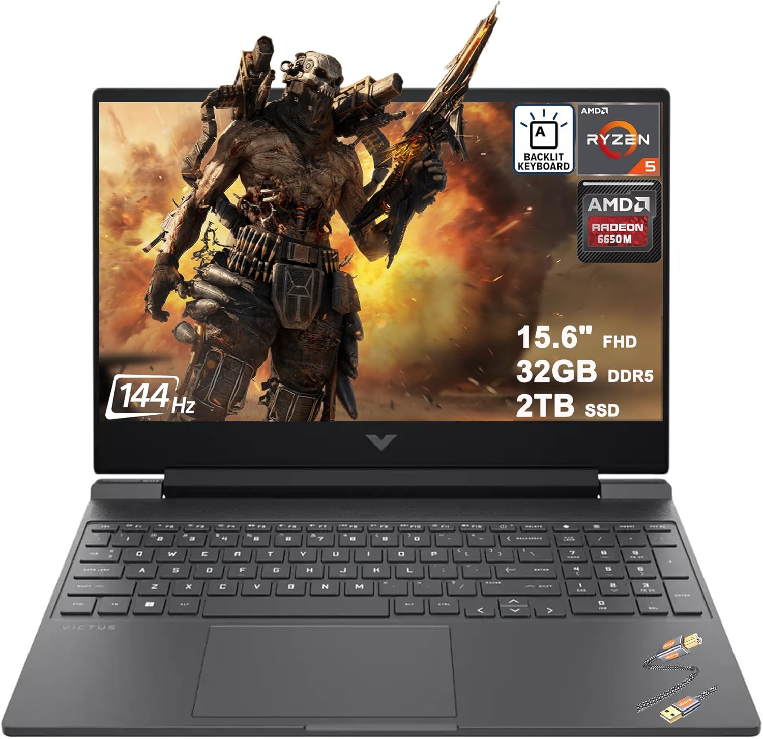 HP Victus 15 Gaming Laptop 15.6″ FHD IPS 144Hz (AMD FreeSync Premium) AMD 6-core Ryzen 5 7535HS 32GB DDR5 2TB SSD Radeon RX 6550M (>RTX3050) Backlit USB-C Fast Charging Win11 ICP Printer Cable