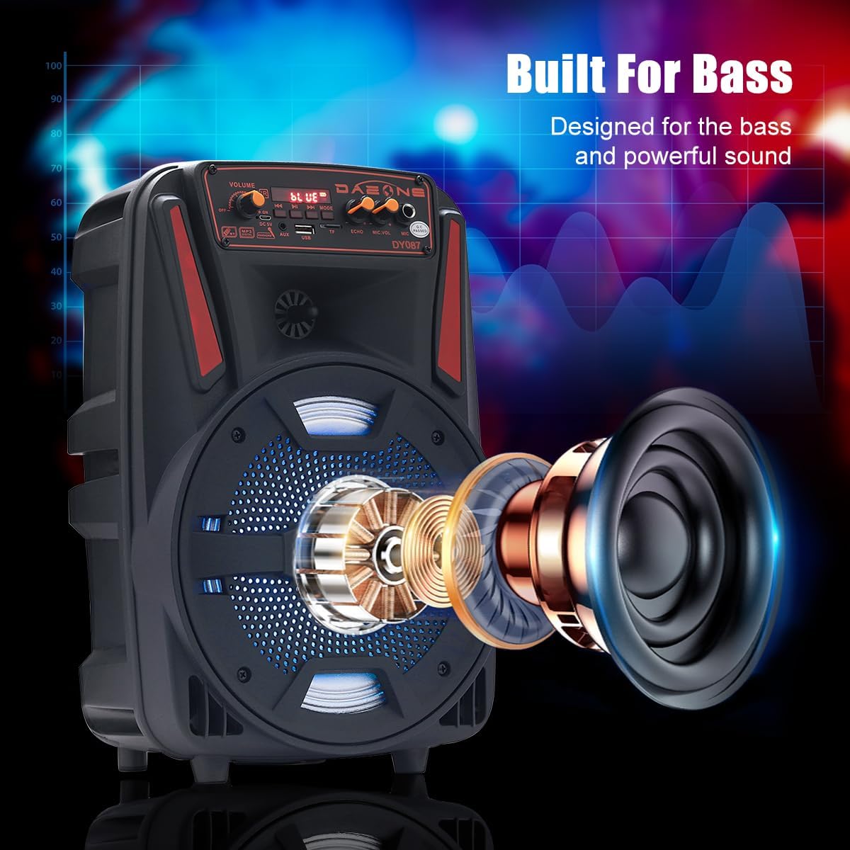 8 Inch Wireless Portable Party Bluetooth Speaker, Battery Powered Loud PA Speaker System with Bass for DJ Music, Karaoke Machine with Wired Microphone, Remote Control, LED/USB/TF/AUX/FM