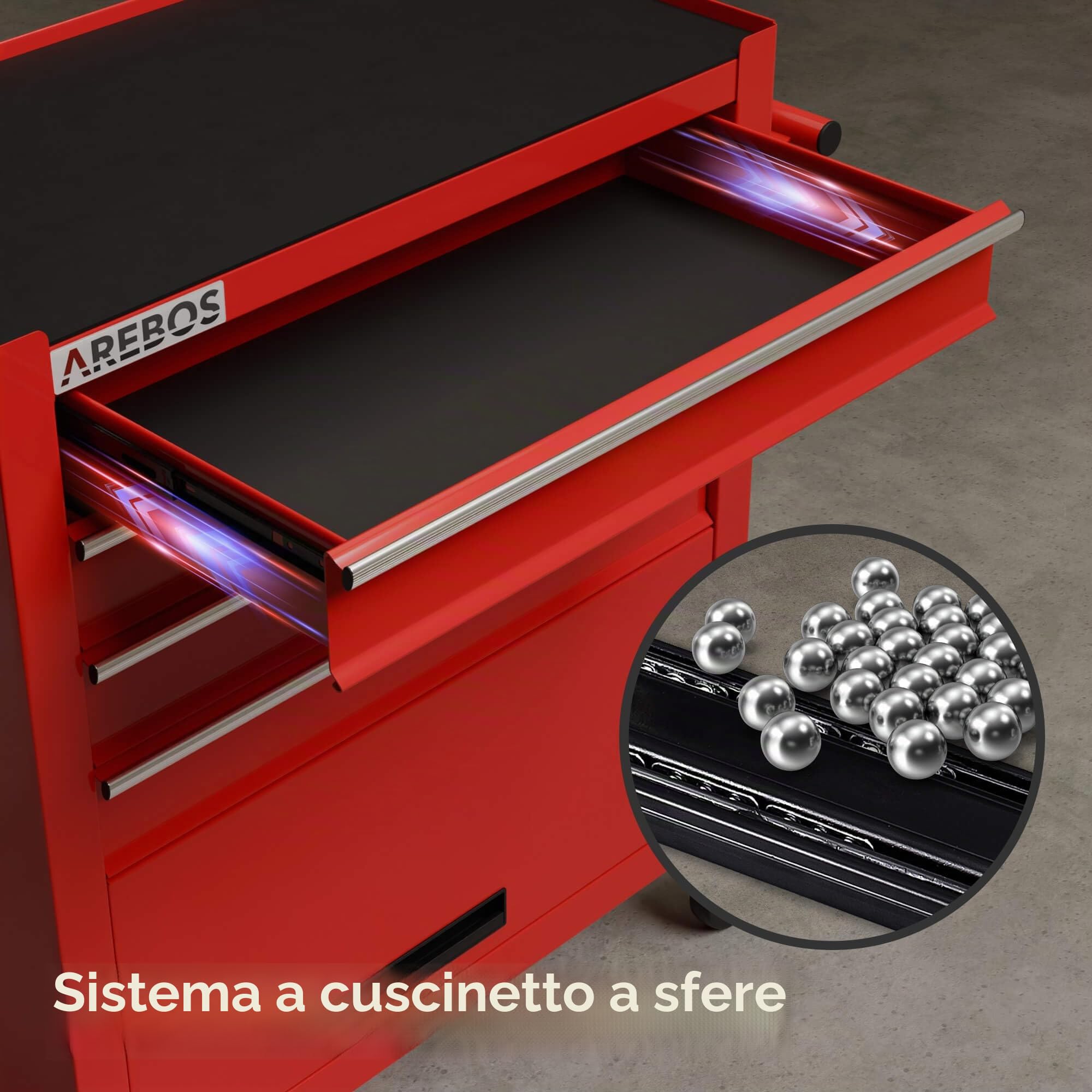AREBOS Carrello da officina a 4 scomparti + grande scomparto | con tappetini antiscivolo | 2 ruote con freno di stazionamento | rosso
