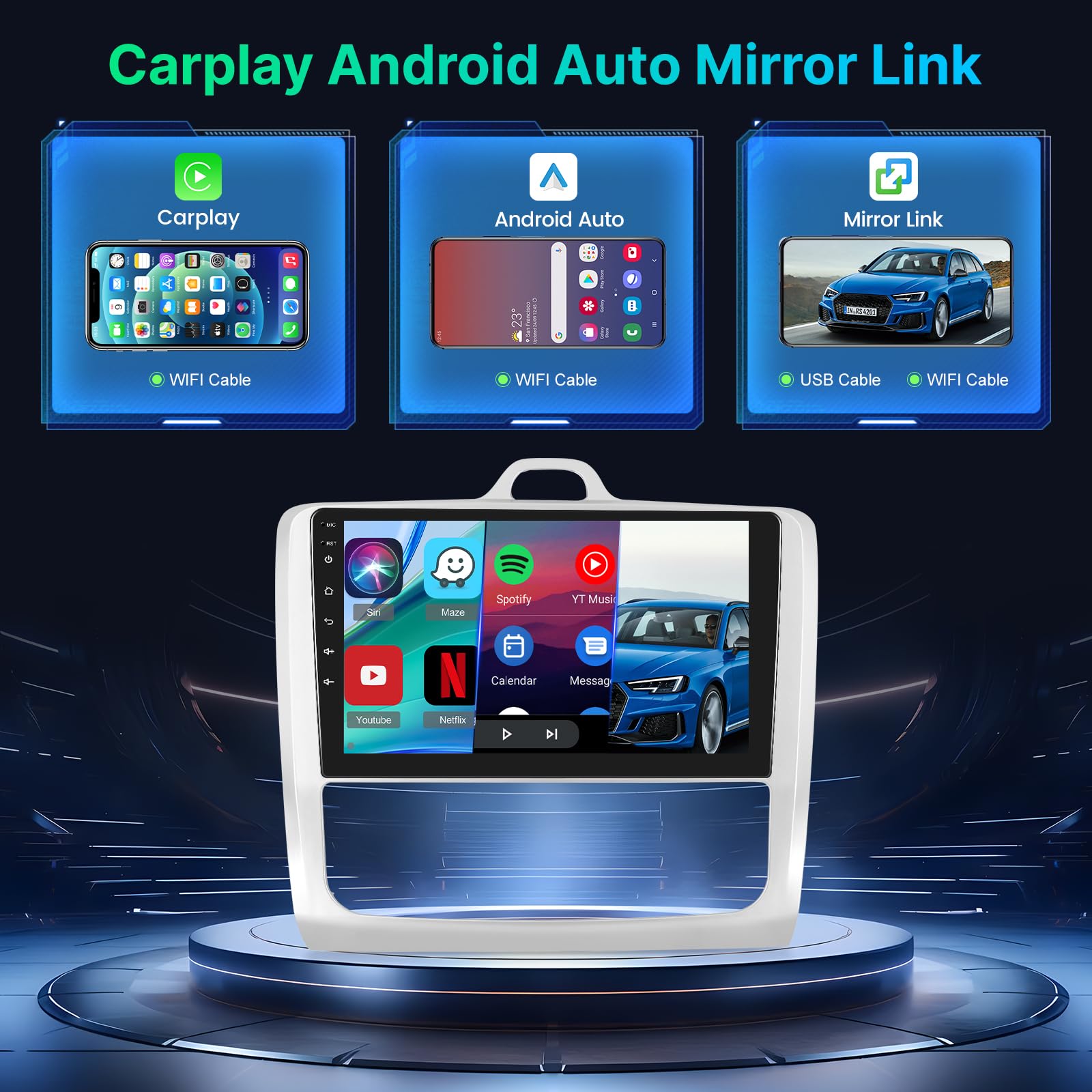 [2+64G] Android 13 Car Stereo para Ford Focus Exi MT 2 3 Mk2 Mk3 2004-2011 con Wireless Carplay y Android Auto - 9 Pulgadas de Pantalla Táctil Radio con WiFi/GPS/DSP/FM/RDS Radio + Cámara de Seguridad