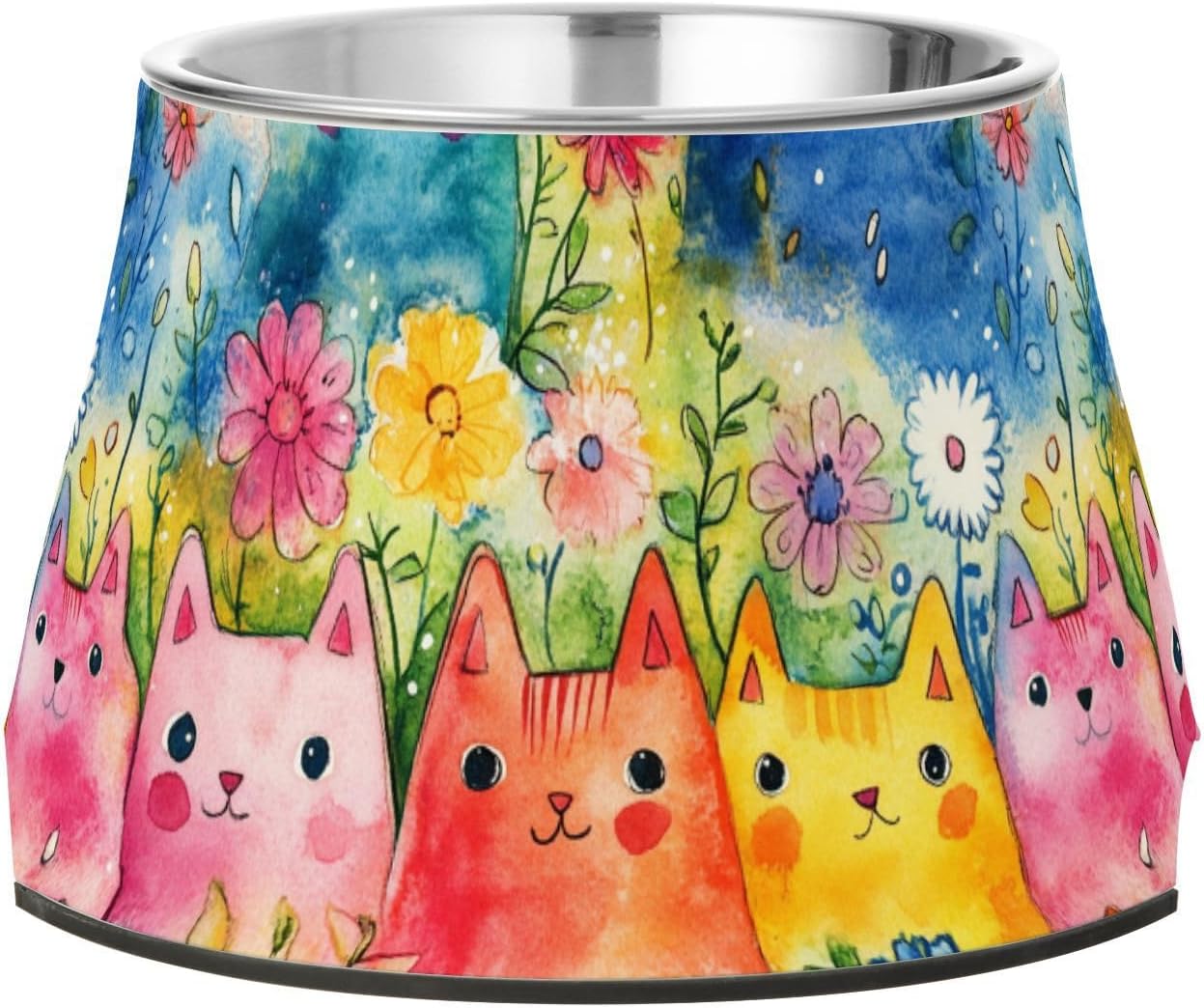 Colorful Cartoon Cats Bowls for Pets with Stand Stainless Steel Pets Water Bowls for Slow Feed Cats Whisker Friendly