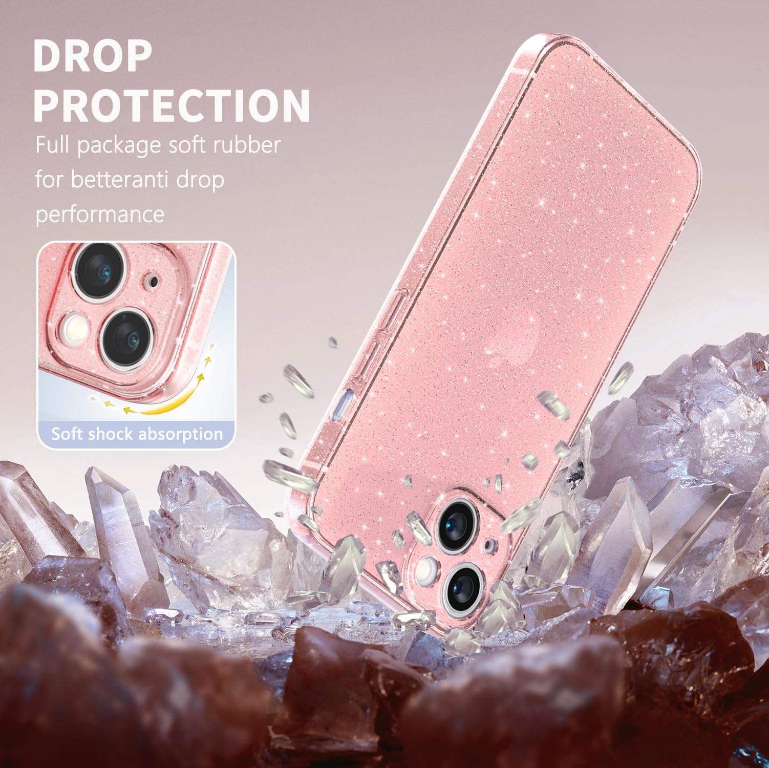 Cover Compatibile con iphone 15 Custodia Glitter, 2 Pezzi Pellicola Protettiva in Vetro Temperato, Brillantini Custodia Morbido TPU Protezione Trasparente Antiurto Case - Rosa
