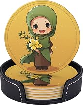 Drink Coasters with Holder Cartoon Muslim Girl Coasters 6 Pcs Round Coasters for Drinks Mugs Mat Cup Pad Leather Coasters for Coffee Table Kitchen Dining Room Bar Decor 3.9 Inch