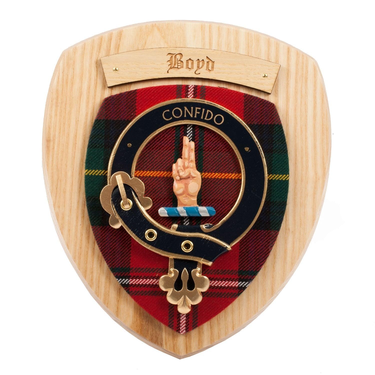Scottish Clan Crest Wall Plaque - Chestnut Wood and Tartan Background, Crest & Motto - Home Decor Gift for Men & Women - Handmade in Scotland - Boyd Clan — image 1