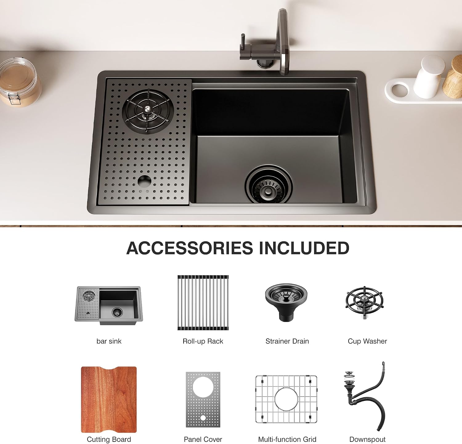 Broncho 24 X 14 Inch Inch Nano Black Undermount Hidden Bar Single Bowl Kitchen Sink with a Glass Rinser