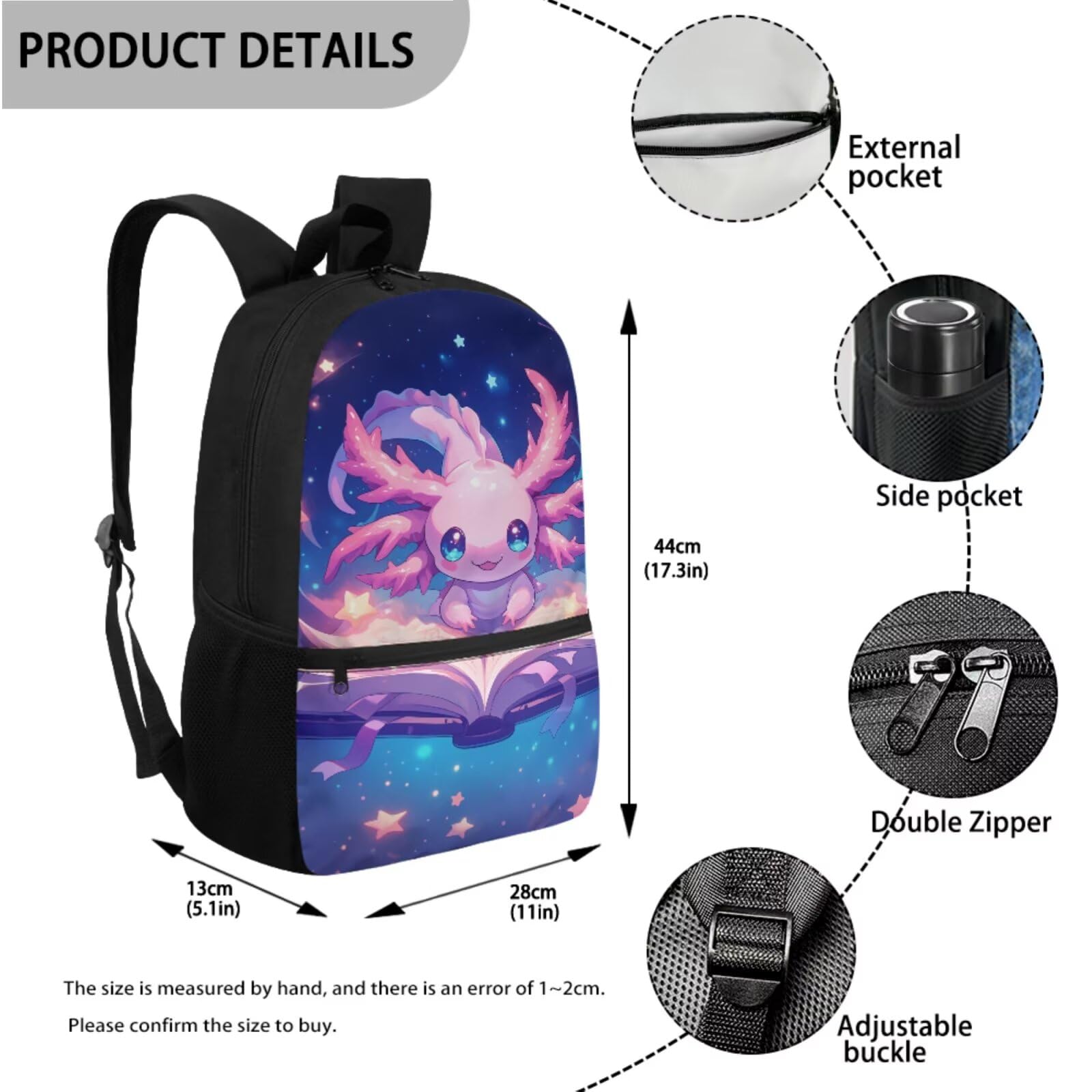 4 in 1 Schulset Kawaii Rucksack mit Lunchbox für Jungen Mädchen Alter 5-12, Axolotl Book, Tagesrucksäcke