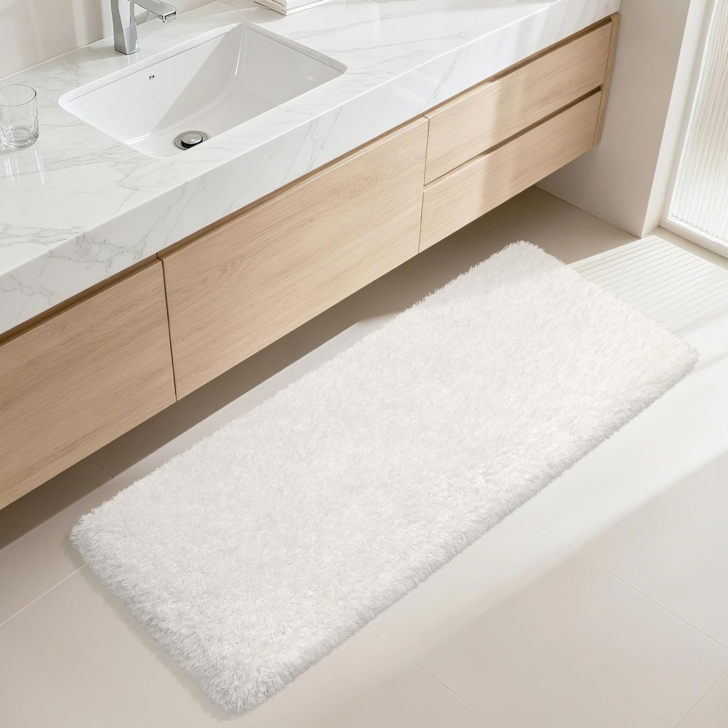 Bathroom Runner Rug 60"x24", Non Slip Fluffy Long Bath Mat, Soft Shaggy Absorbent Microfiber Bath Rugs, Machine Washable Bath Mats for Bathroom Floor, Tub and Shower, White