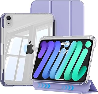 iPad mini7 ケース (A17 Pro 第7世代 2024) iPad mini6 ケー ス (第6世代 2021) クリア透明バックカバー 縦置き/横置きスタ ンド 取り外し可能 分離式 ペンシル収納可能 耐衝撃 軽量 薄型 三つ折り ワイヤレス充電 オートスリープ/ウェイク PC/TPU (パープル)