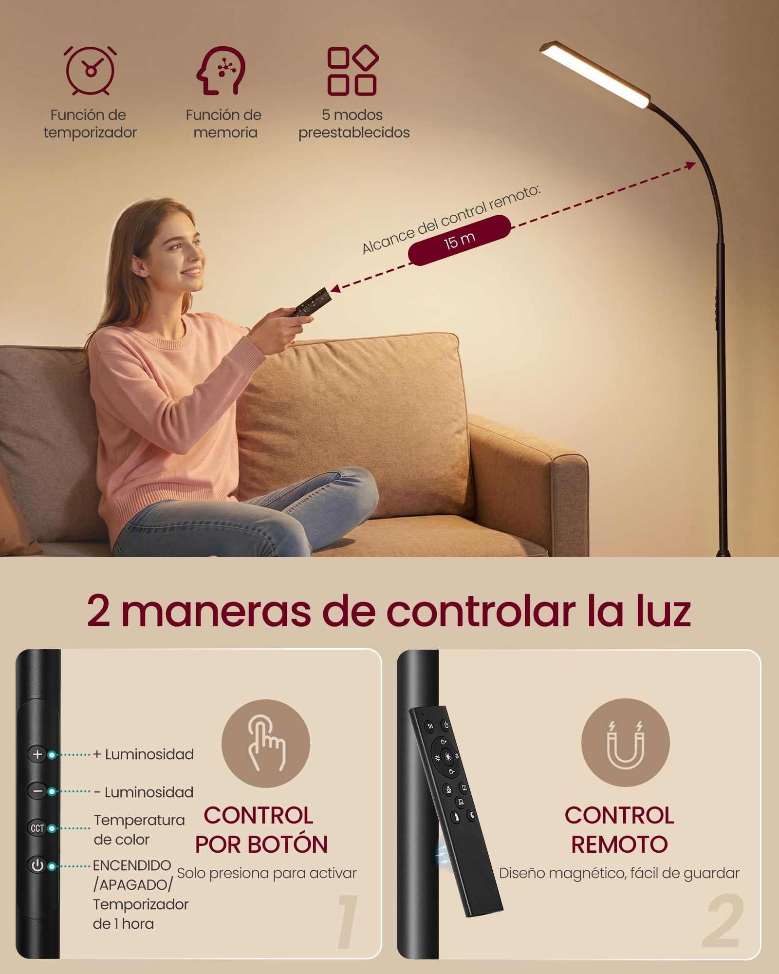VASAGLE Lámpara de Pie, Altura Ajustable 141-175 cm, Lámpara Moderna de 15 W con Cabezal Flexible de 360°, Temporizador y Función de Memoria, Botón y Mando a Distancia, Salón, Negro Mate LFL007BD02