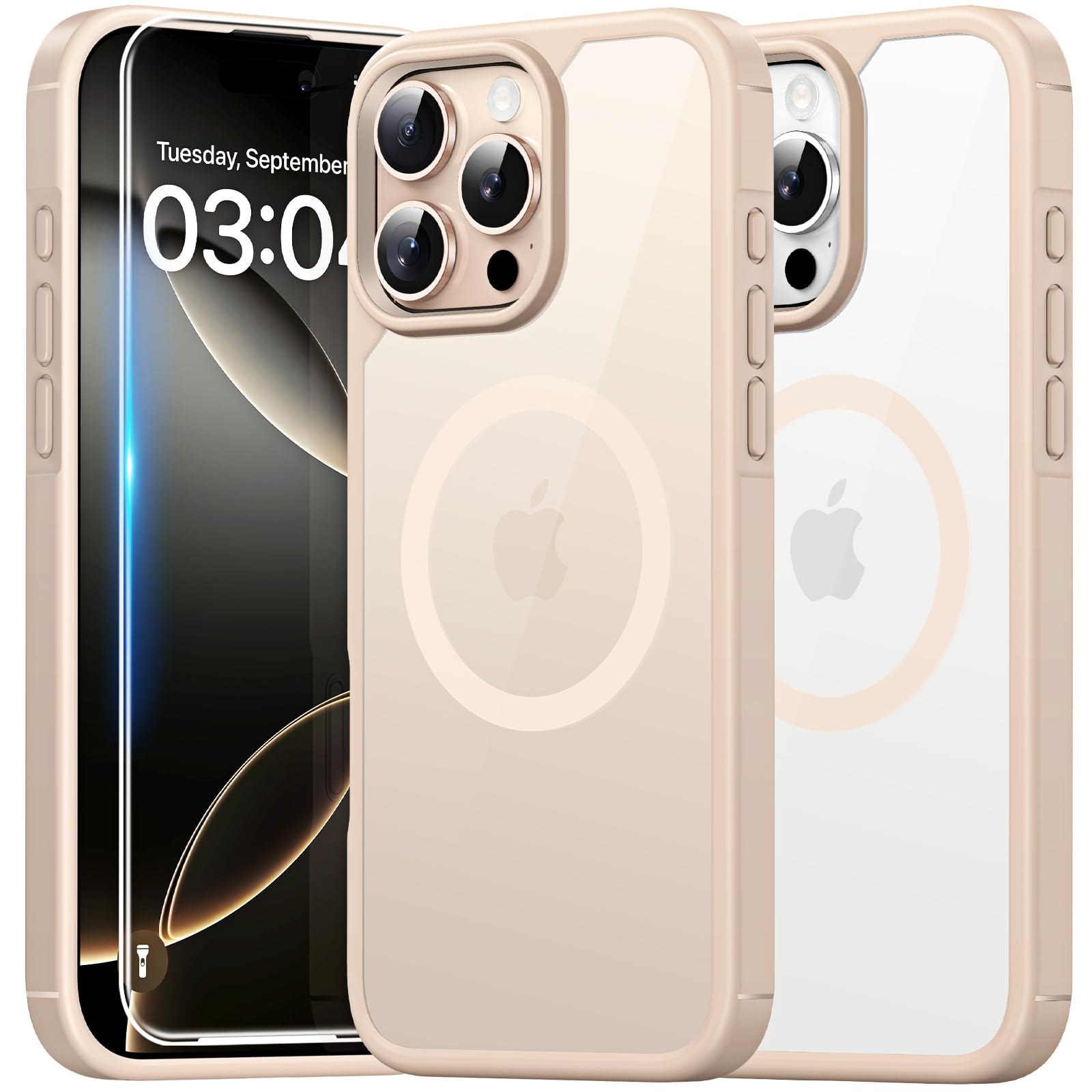 TAURI 3 in 1 Kit Magnetica Cover per iPhone 16 Pro [Compatibile con MagSafe] con 2 Pellicola in Vetro Temperato, Custodia Rigida per Sottile Anticaduta - Oro Scuro