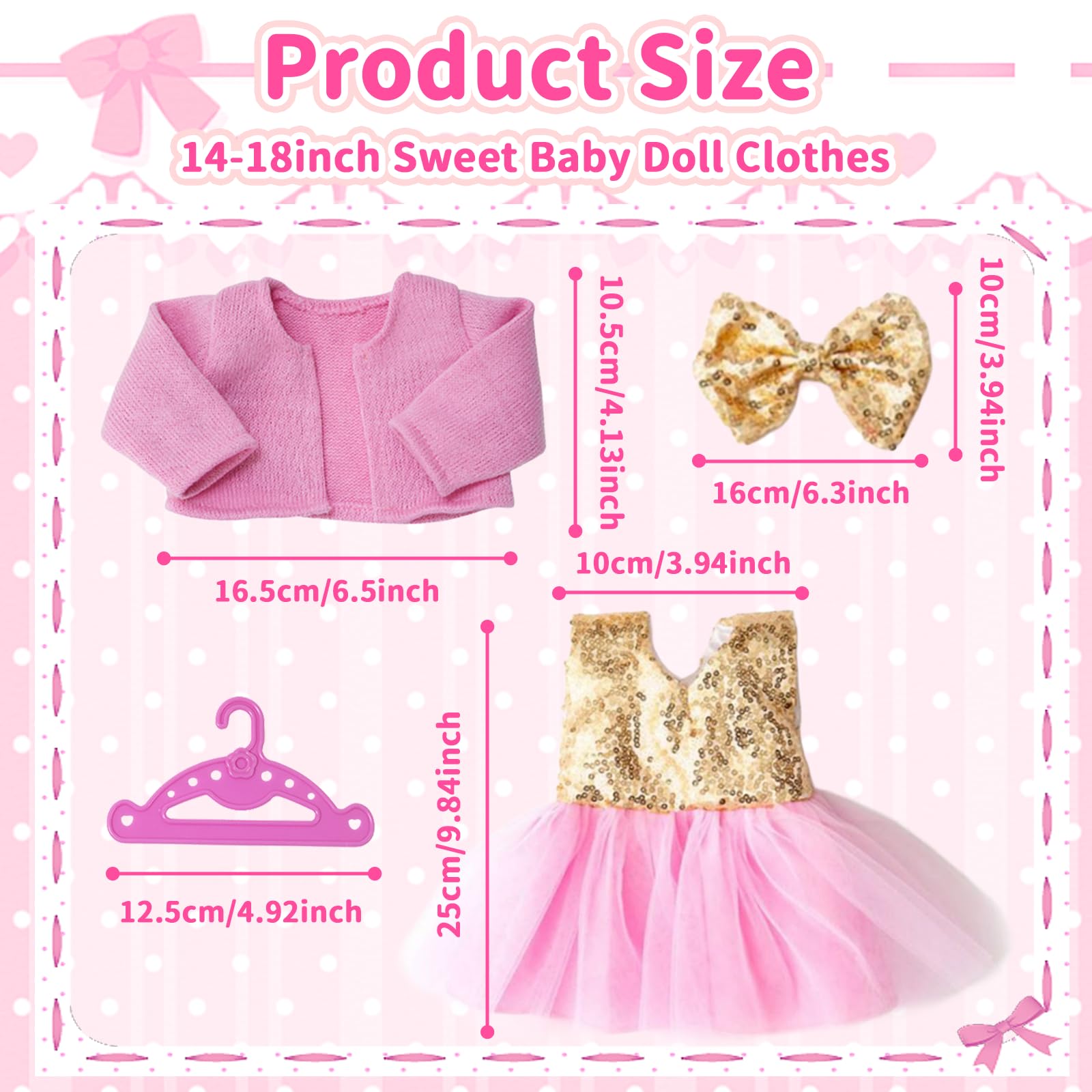 Doll Clothes for 14-18 inch Baby Dolls, 4 Pcs Pink Doll Clothes Set - Image 2