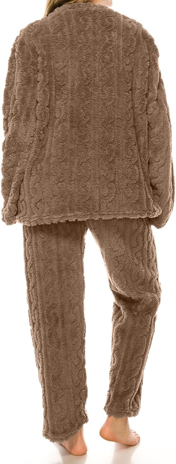 Winter Pajamas Set for Women Crew Neck Coral Fleece Sleepwear Long Sleeve Warm 2 Pieces Set with Straight Tube Pant