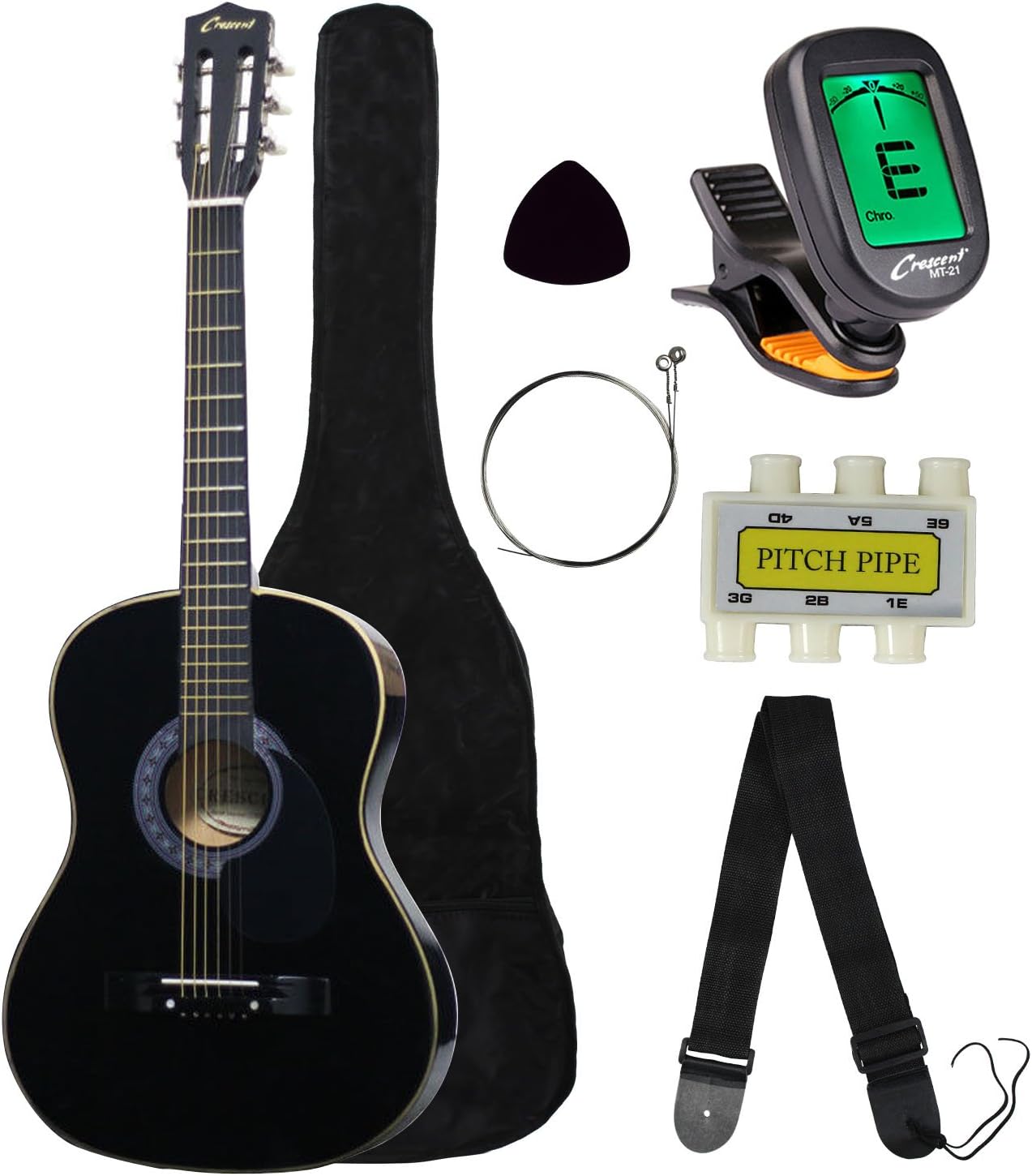 Crescent MG38-BK 38" Acoustic Guitar Starter Package, Black (Includes CrescentTM Digital E-Tuner)