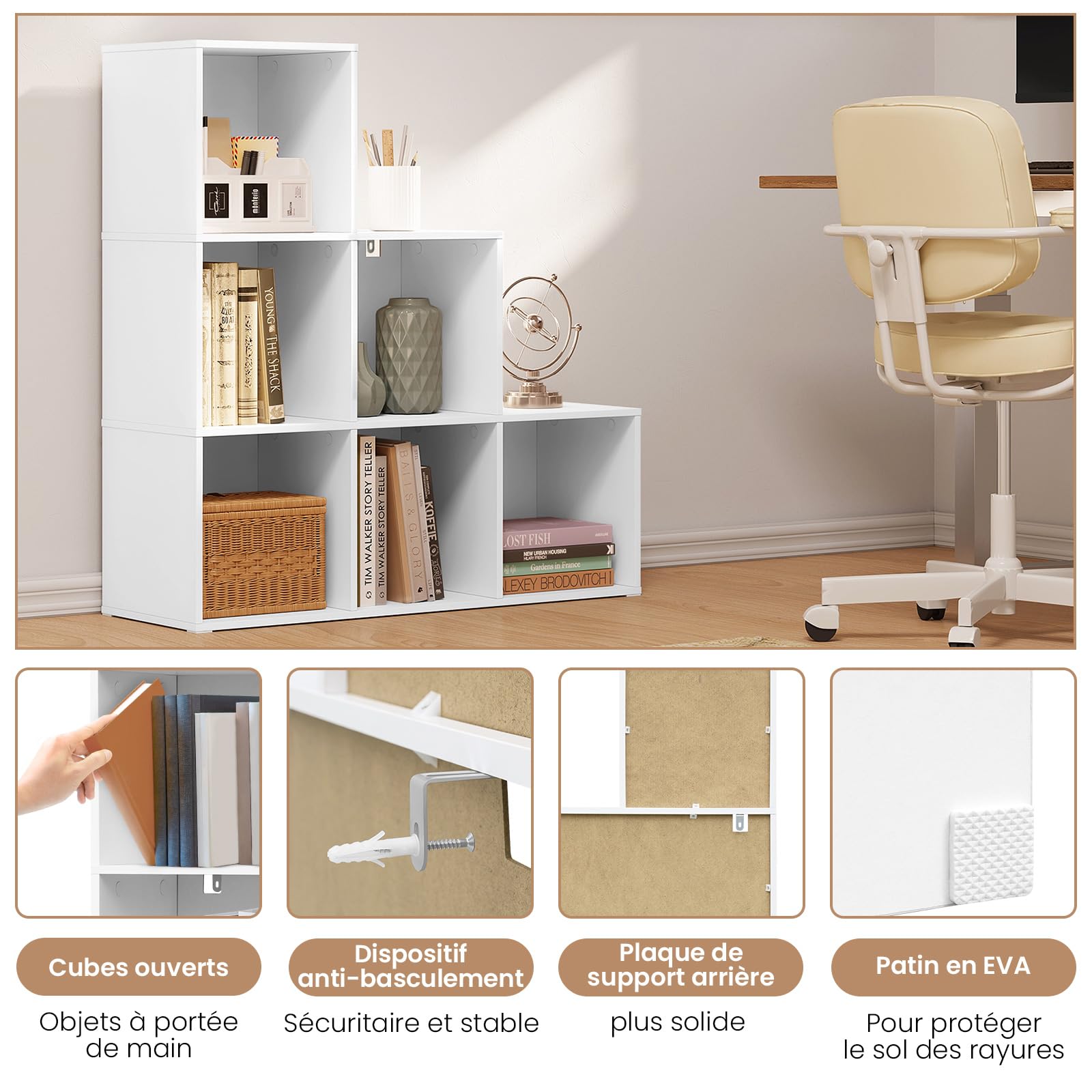 WOLTU Bibliothèque avec 6 Cubes, Étagère d'Escalier, Meuble de Rangement à Cubes, Étagère en Bois d'Ingénieriepour Salon, Chambre à Coucher, Bureau, 90x30x90cm, Blanc, SK061ws