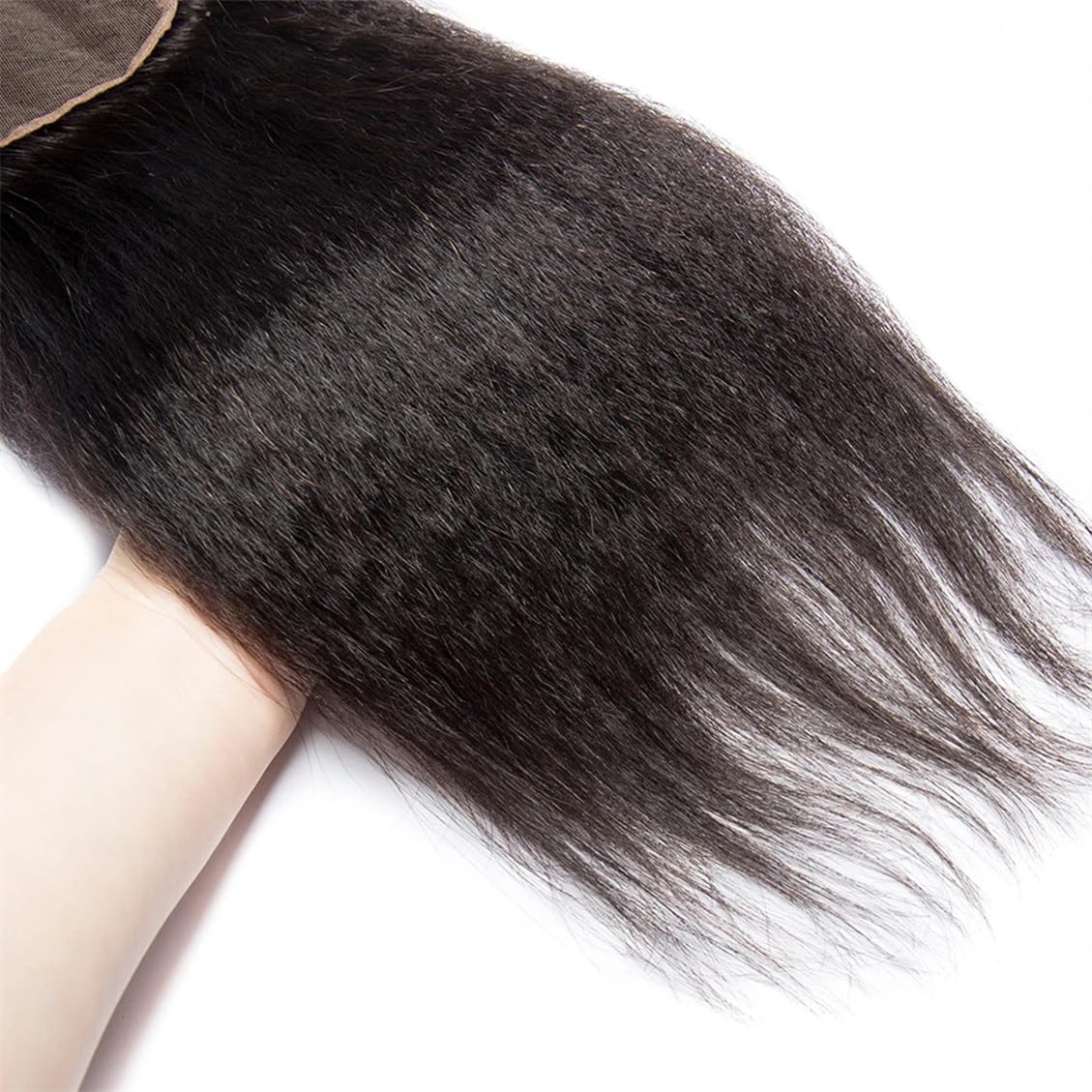 Brazilian Kinky Straight 5x5 Lace Closure 100% Unprocessed Human Virgin Hair Pre Plucked Coarse Italy Yaki Pre-Plucked Hairline Frontal Closure Natural Black (5x5 ks yaki closure, 18inch)