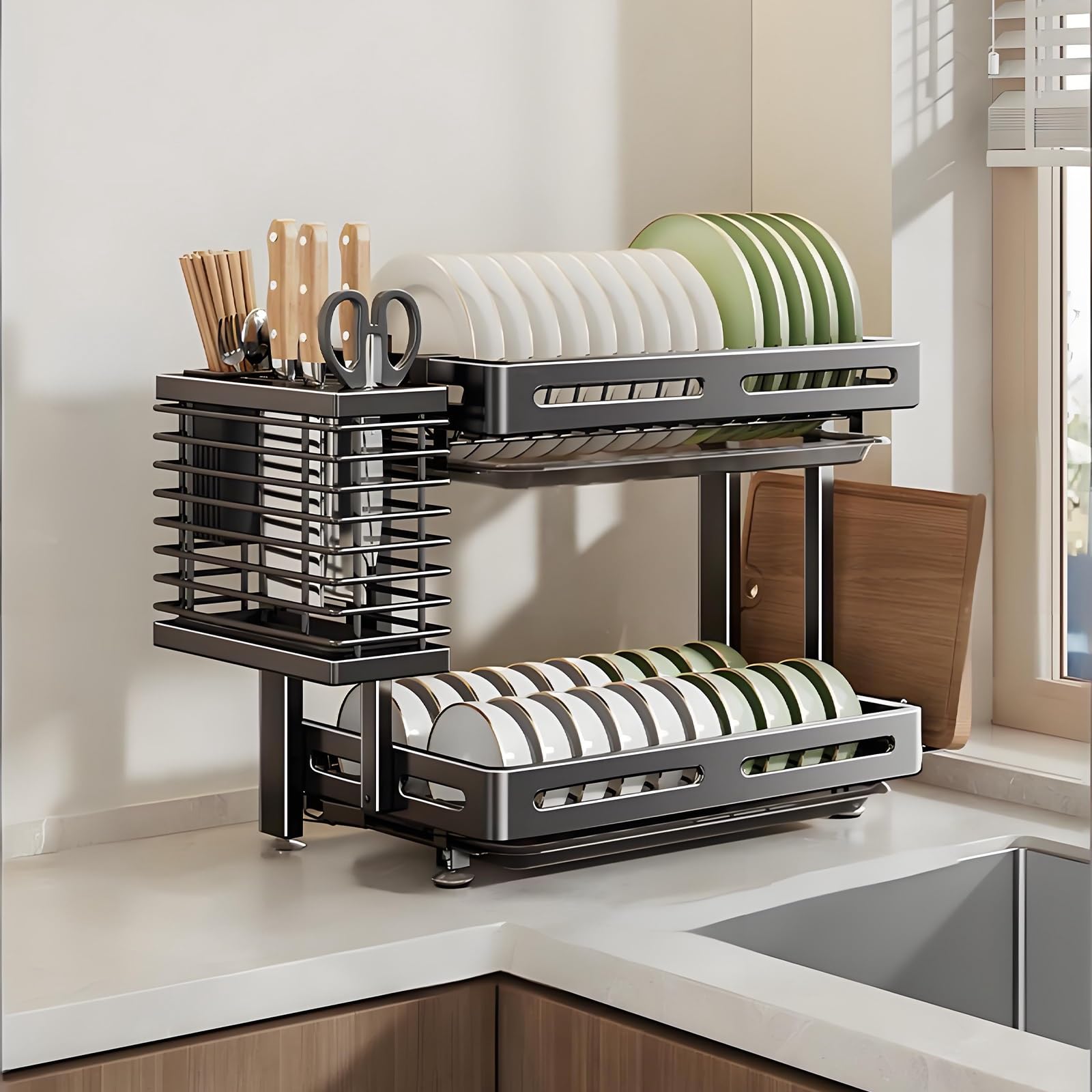 Edelstahl-Abtropfgestell, multifunktionaler Organizer für Teller und Schüsseln, platzsparendes Küchenspüle-Regal, langlebiges und stilvolles Design