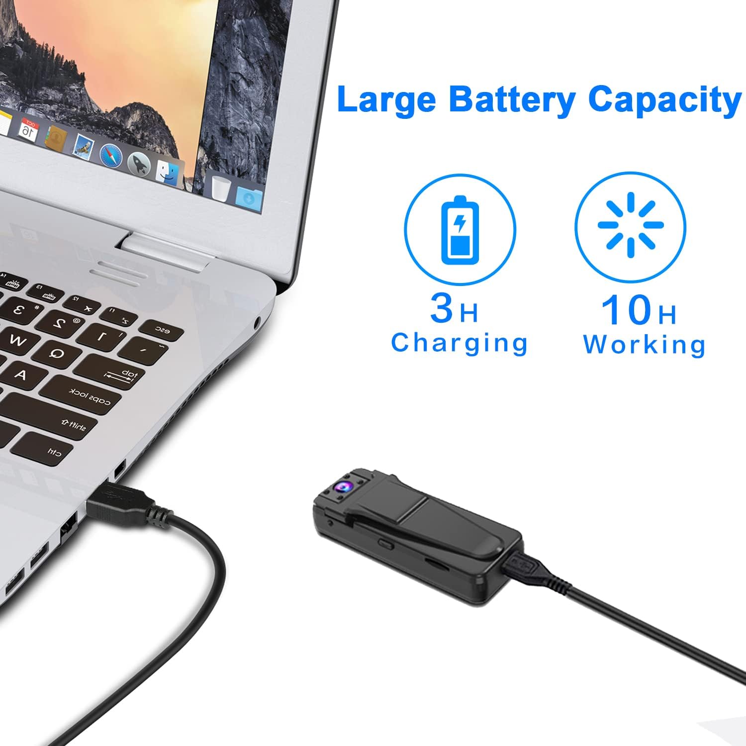 QZT Mini Body Camera connected to a laptop via USB for charging.