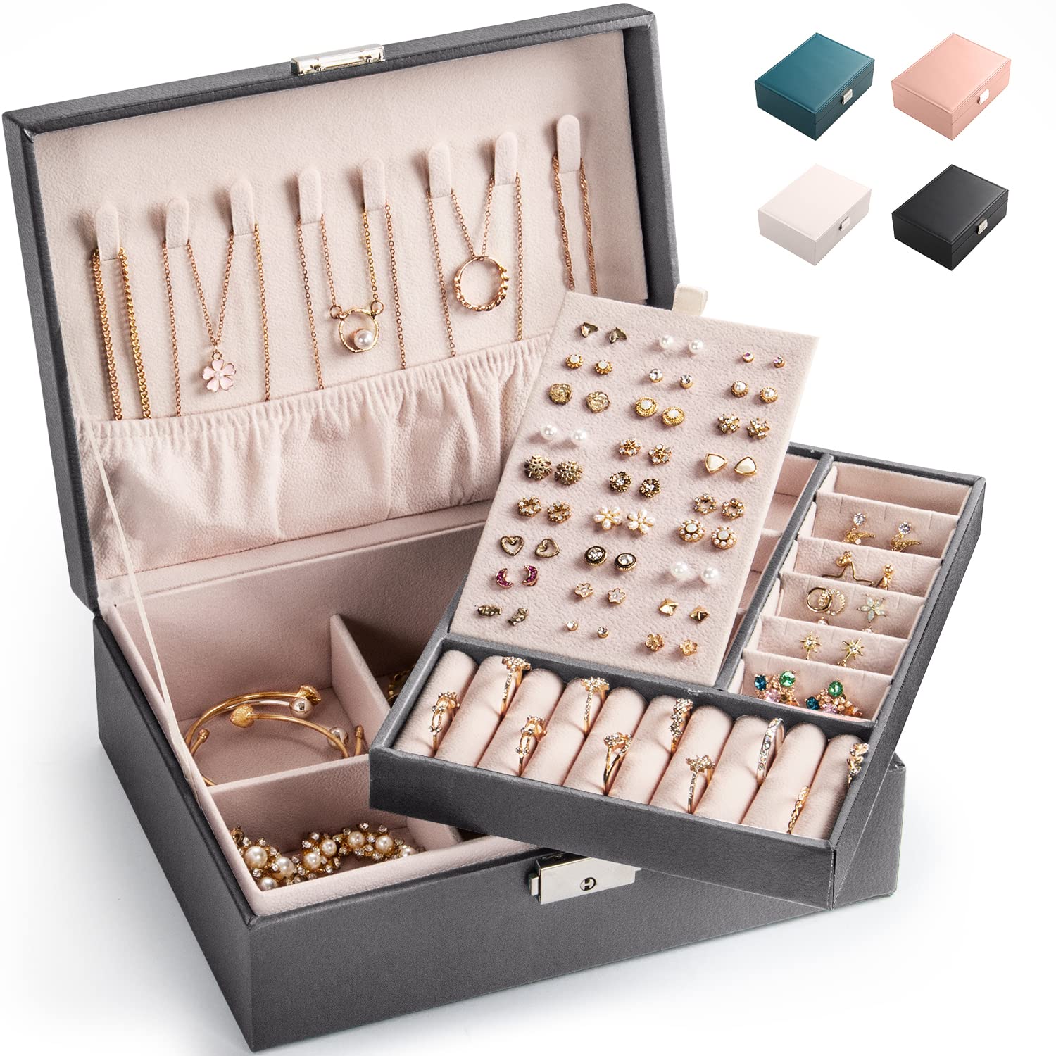 Boîte à Bijoux De Voyage 6 Compartiments - En PU Avec Franges, Gris-rose - Organisateur Léger Et étanche