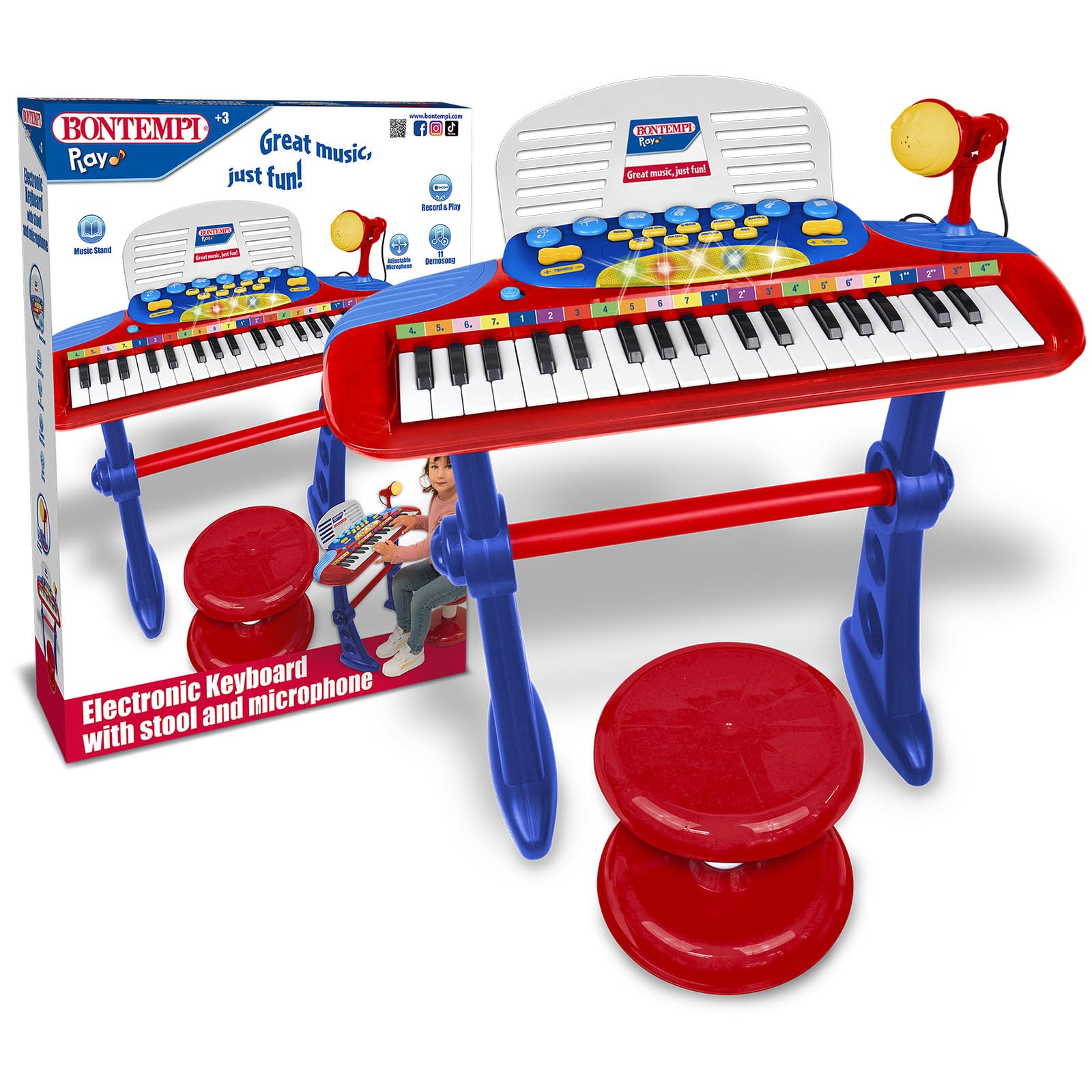 Bontempi | MiniKeyFun - Tastiera Giocattolo a 37 Tasti per Piccoli Musicisti con Microfono, Sgabello e Leggio, Blu e Rosso, 59,9x42,9x11,9 cm