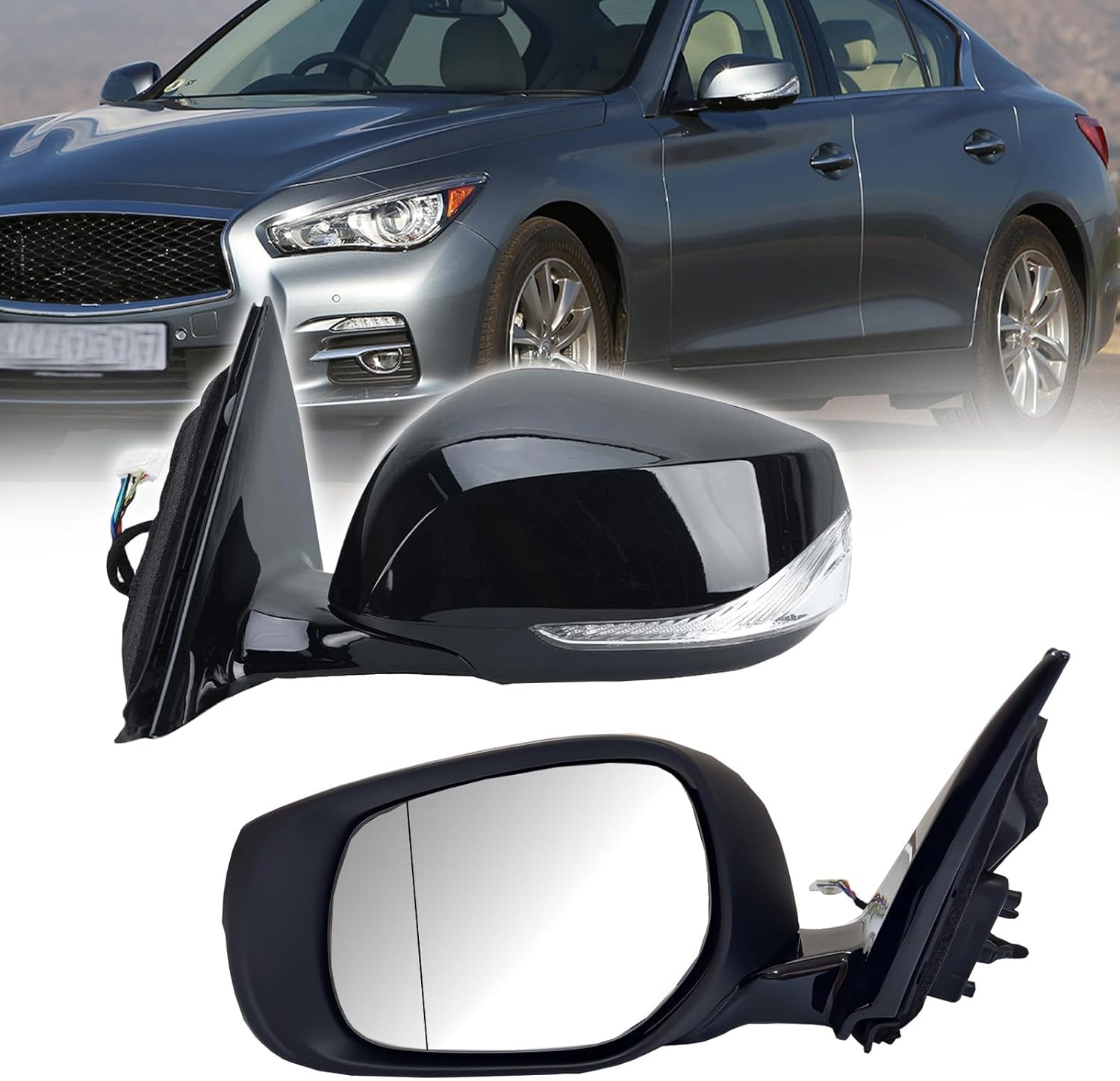 Driver Side Mirror Assembly Compatible with 2014-2021 Infiniti Q50 Heated Turn Signal Power Glass Manual Folding Indicator 7 Pins Replace IN1321129 963014HB0A