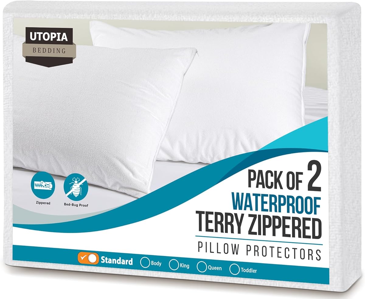 Utopia Bedding Set of 2 Waterproof Pillow Protectors with Zipper Standard Size, Terry Pillow Covers, Bed Bug and Dust Mite Proof Pillow Cases
