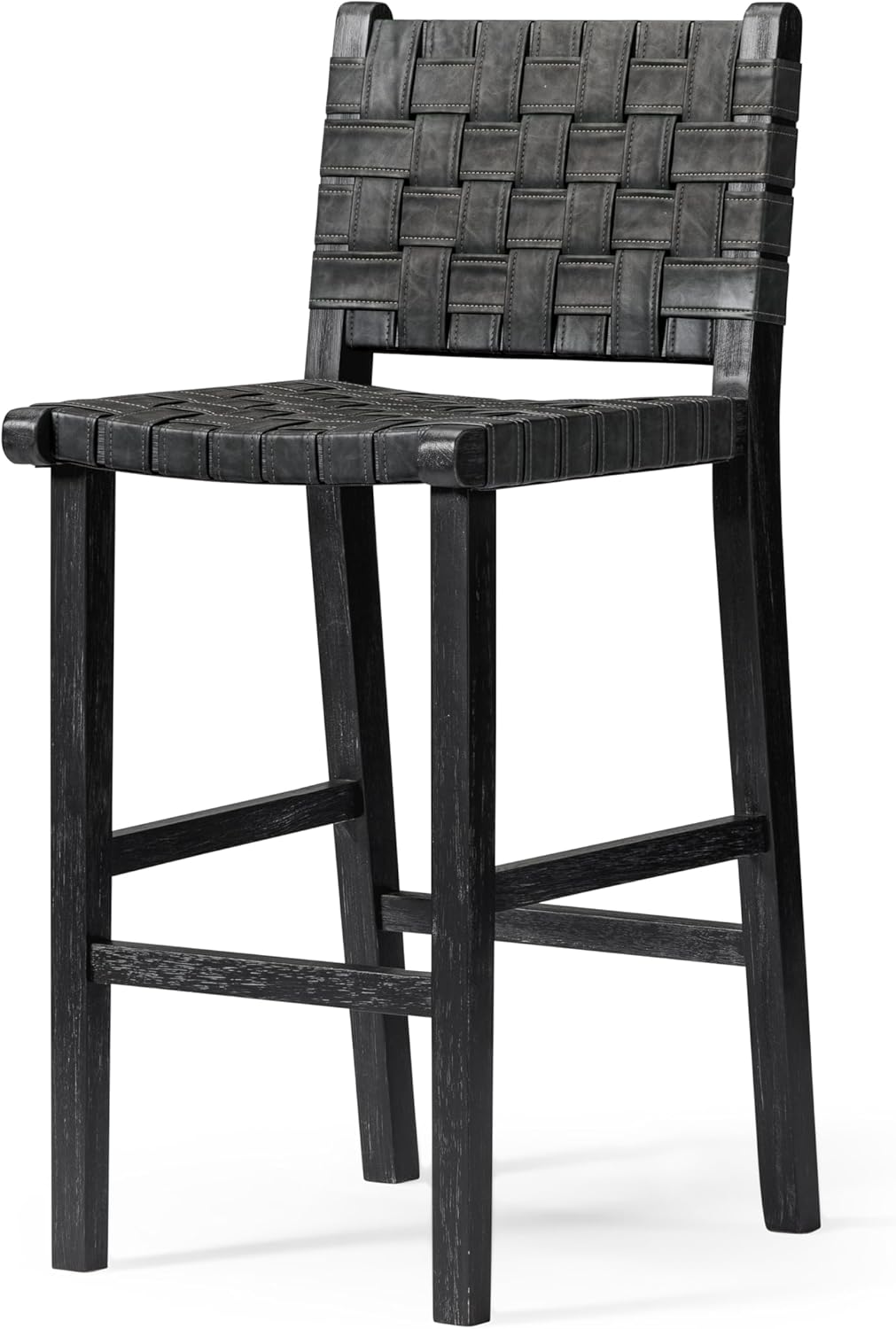 Maven Lane 30" Noah Barstool with Back - Modern Solid Wood Bar Height Chair with Artisan Woven Black Finish and Dark Grey Faux Leather Barstools for Kitchen Island, Dining Area