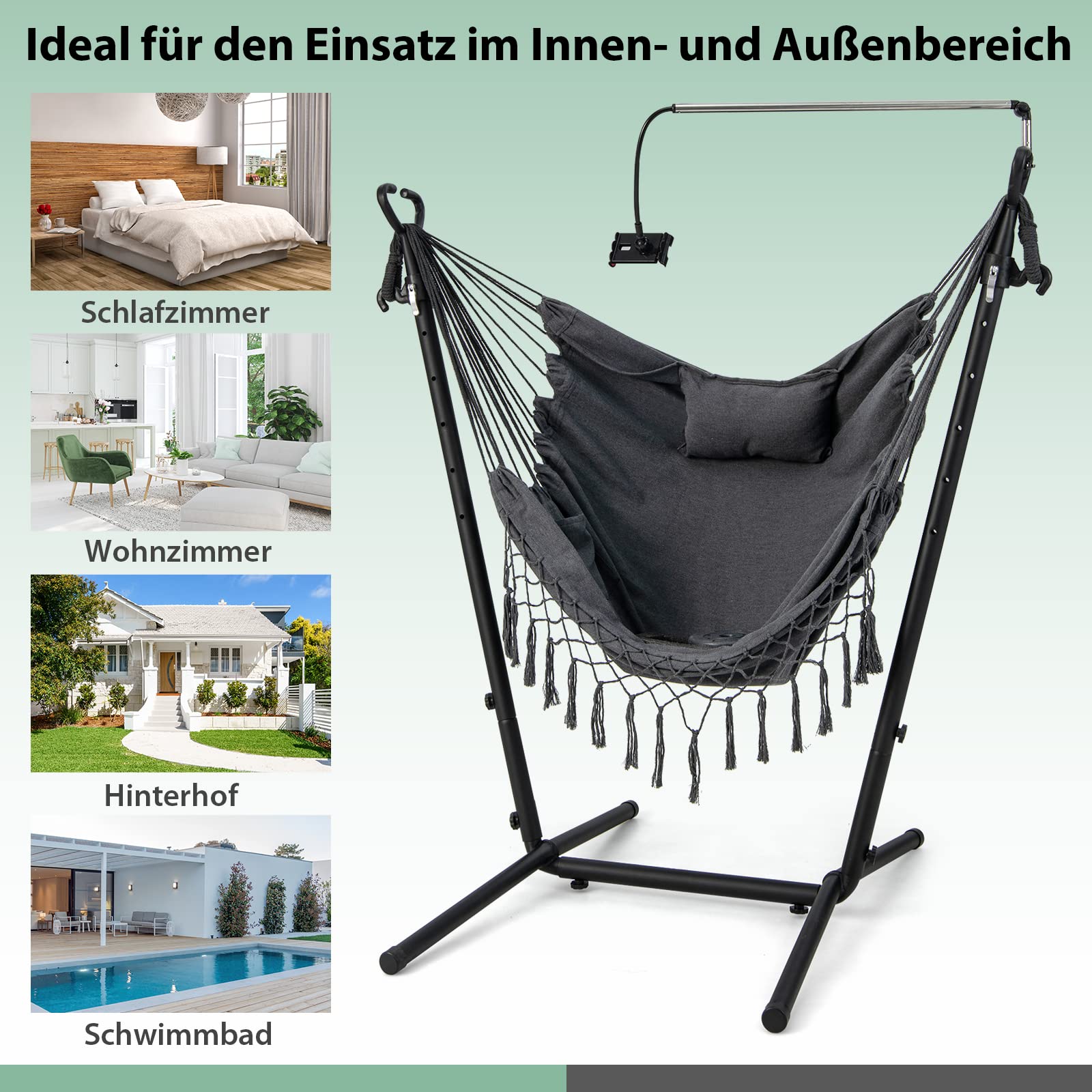 COSTWAY Hängesessel mit Gestell, höhenverstellbarer Hängesitz mit Handyhalter, Kissen & Seitentasche, Hängestuhl Hängeschaukel bis 250 kg belastbar, Hängesesselgestell für Indoor & Outdoor (Grau)