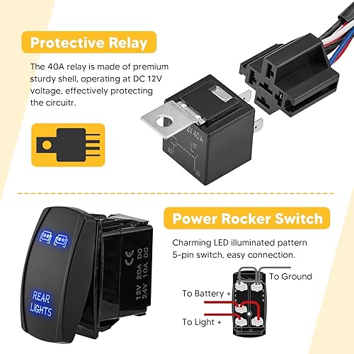 Miniatura 3 de Mofun - Kit de arnés de cableado de luz LED de 2 conductores con interruptor basculante azul para luces traseras, relé de encendidoapagado y