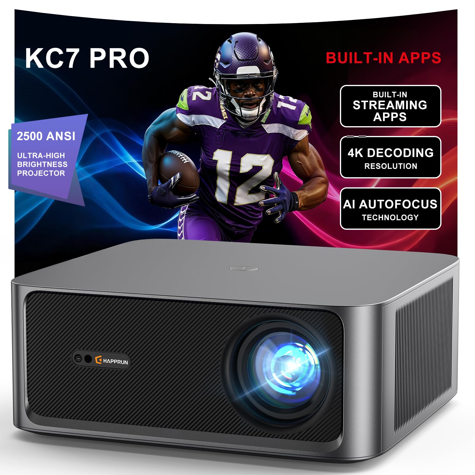 2500 ANSI Lumen Official Netflix Licensed 4K UHD Smart Projector, HAPPRUN Home Theater with Dolby Audio, Wi-Fi 6 & Bluetooth 5.2, Built-in Streaming Apps, Works with Smartphones, Indoor & Ou