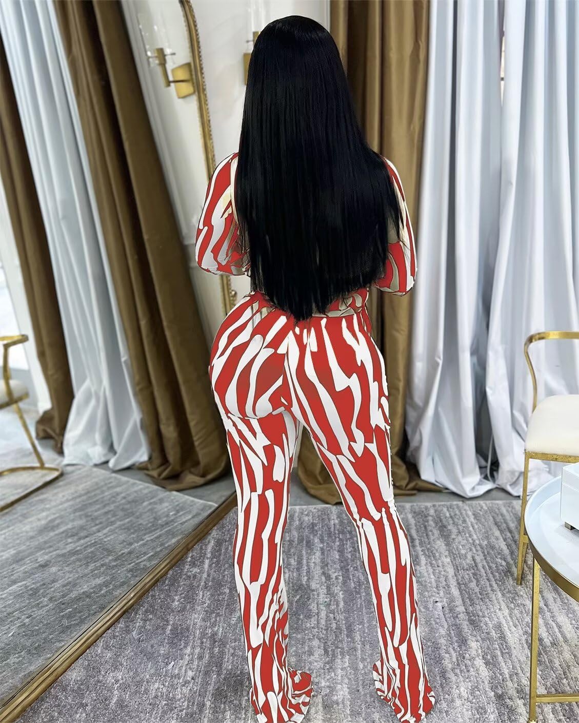 Ophestin Women 2 Piece Outfits V Neck Striped Print Long Sleeve Wrap Top Bodycon Flare Leggings Set Tracksuits Jumpsuit - Image 3