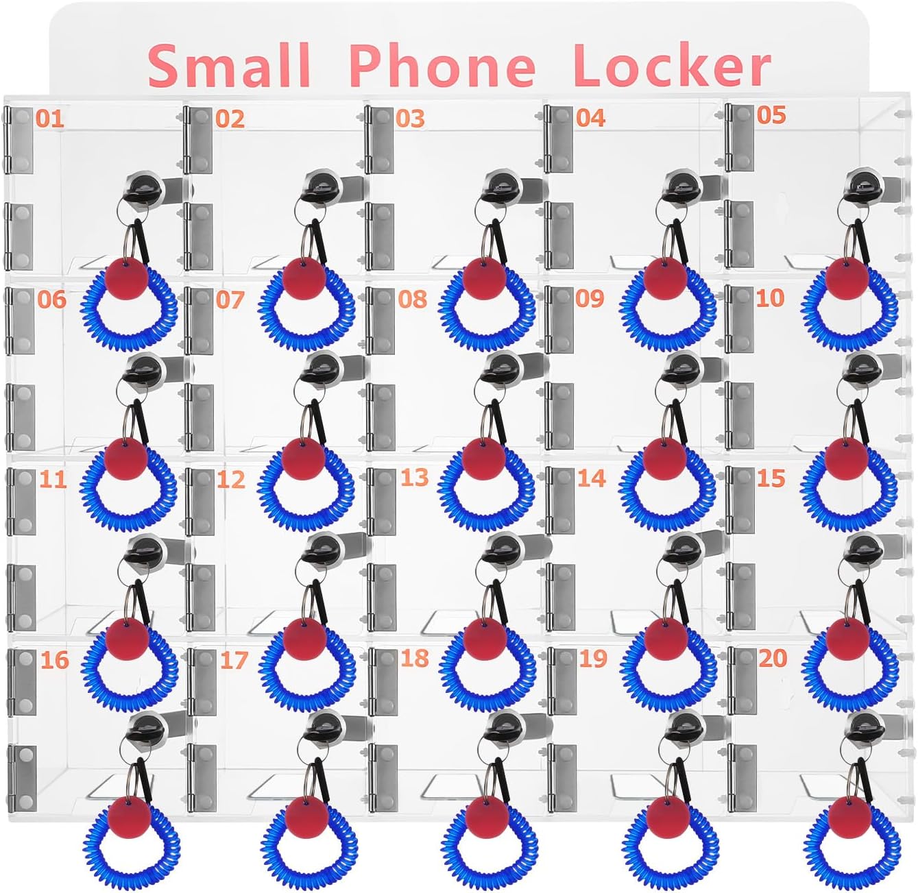 LOYALHEARTDY Cell Phone Lockers for Employees Classroom, Clear Cell Phone Storage Organizer Box with 20 Door Locks and Keys, Wall-Mounted Acrylic Office Cell Phone Lock Box