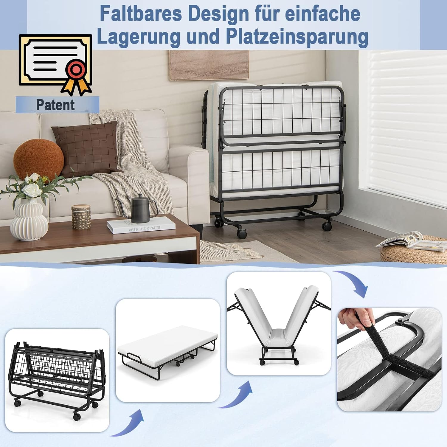 Folding Bed with Mattress, Guest Bed Foldable with Metal Slatted Frame & 10 cm Thick Foam Core Mattress, Travel Cot up to 180 kg with Wheels and Sturdy Metal Frame, White