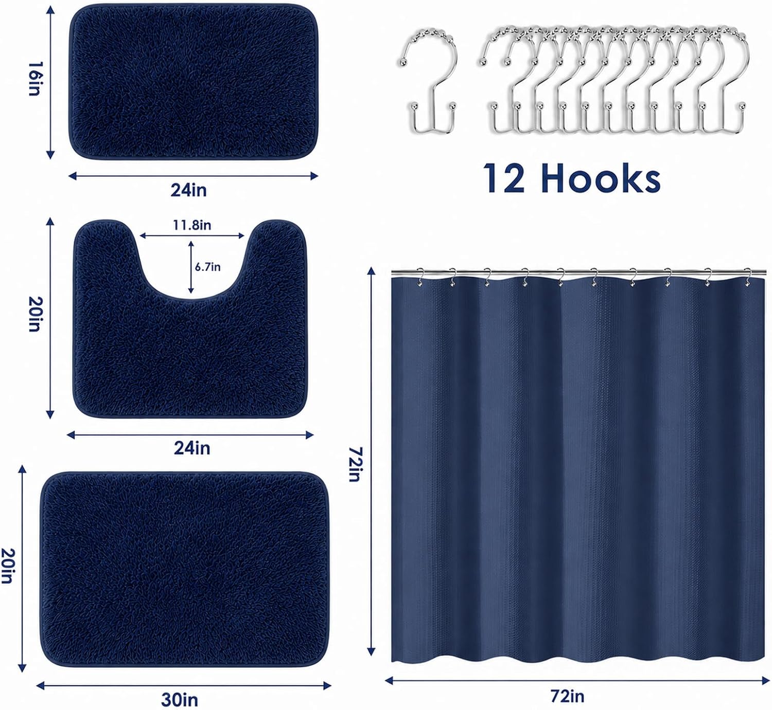 Britimes Bathroom Sets with Shower Curtain and Rugs Set of 4 Modern Navy image 3