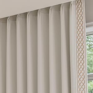 X Kinsey Walsh Lilly Room Darkening Curtain Pair Designer Pinch Pleat Drapes with Trim Memory Trained Velvet Curtains