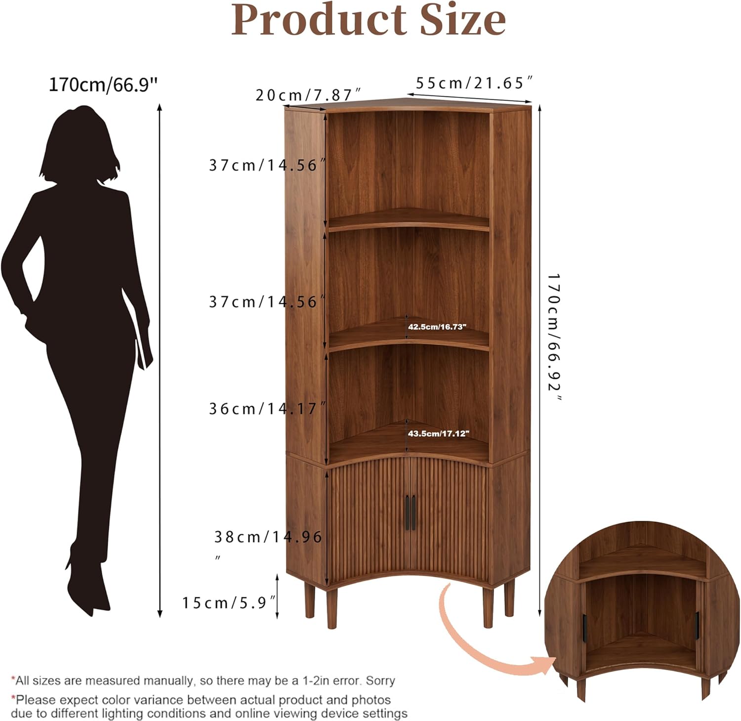 Fluted Corner Cabinet, 66.928" Tall Corner Floor Cabinet with Sliding Doors and Shelves, Modern Wooden Freestanding Narrow Storage Organizer for Kitchen,Living Room (Walnut, 66.92" H)