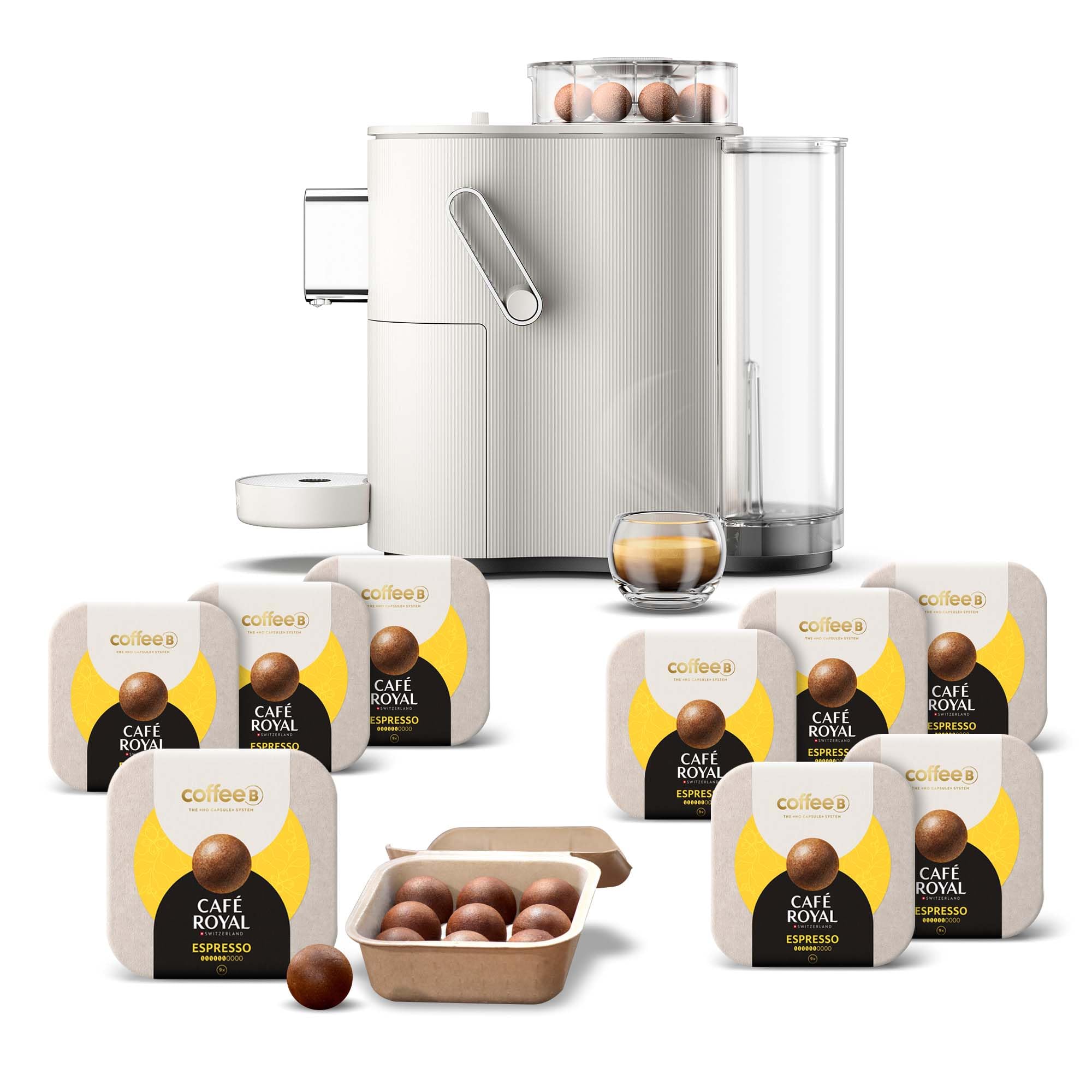 CAFE ROYAL SWITZERLAND PROFESSIONAL CoffeeeB - Macchina da caffè a globo bianco 1,3 l, con 90 palline da caffè espresso, 100% compostabili