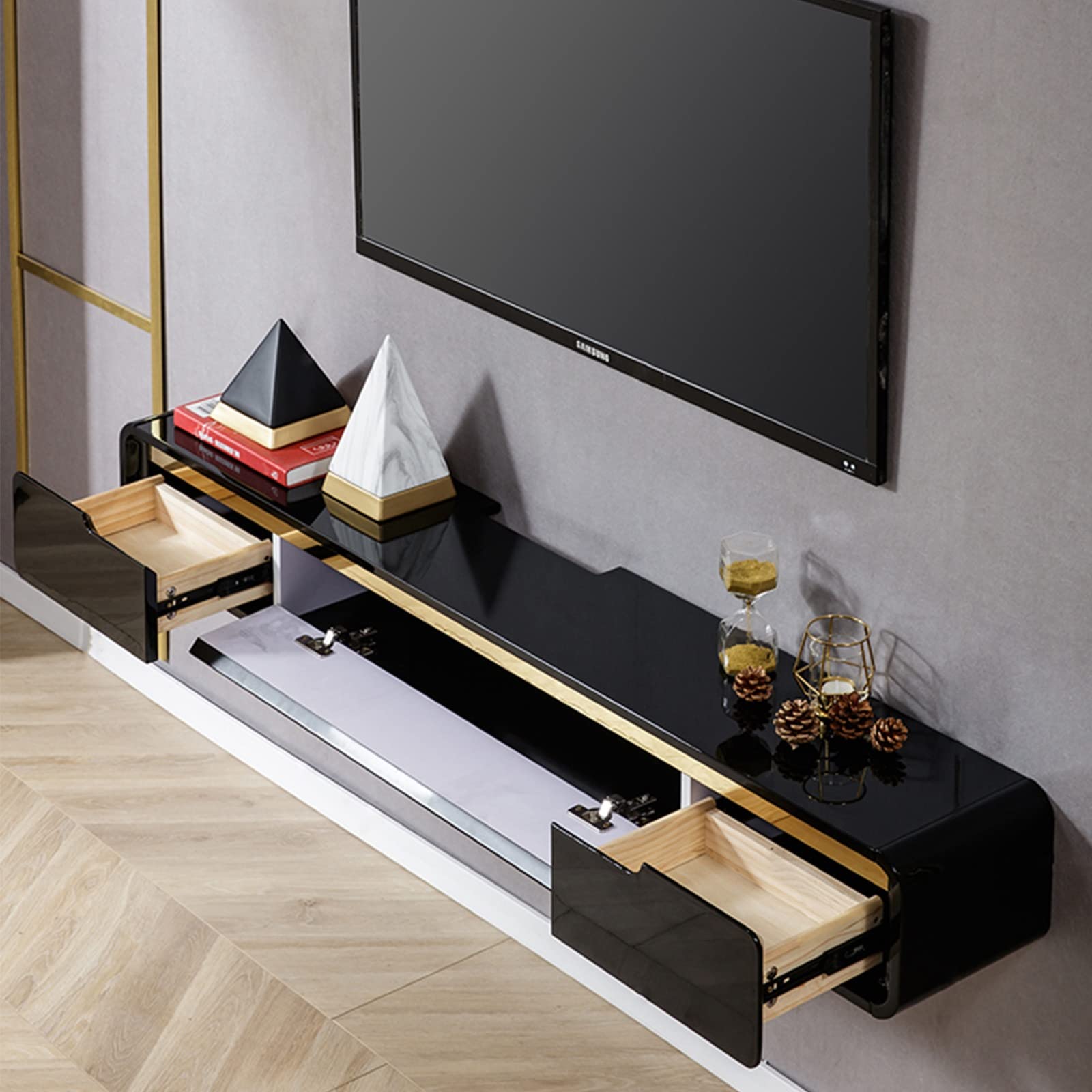 Wandmontierte TV-Einheit Schwimmender TV-Ständer - An der Wand montierte Medienkonsole mit 2 Schubladen, schwebender Entertainment-Center-TV-Schrank, an der Wand montiertes Video-/Videoregal für