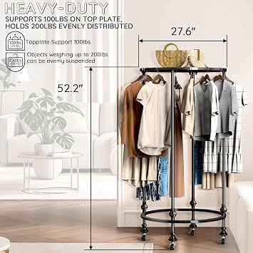 Rolling Round Garment Rack, Gold Clothing Rack with Wheels and Topper