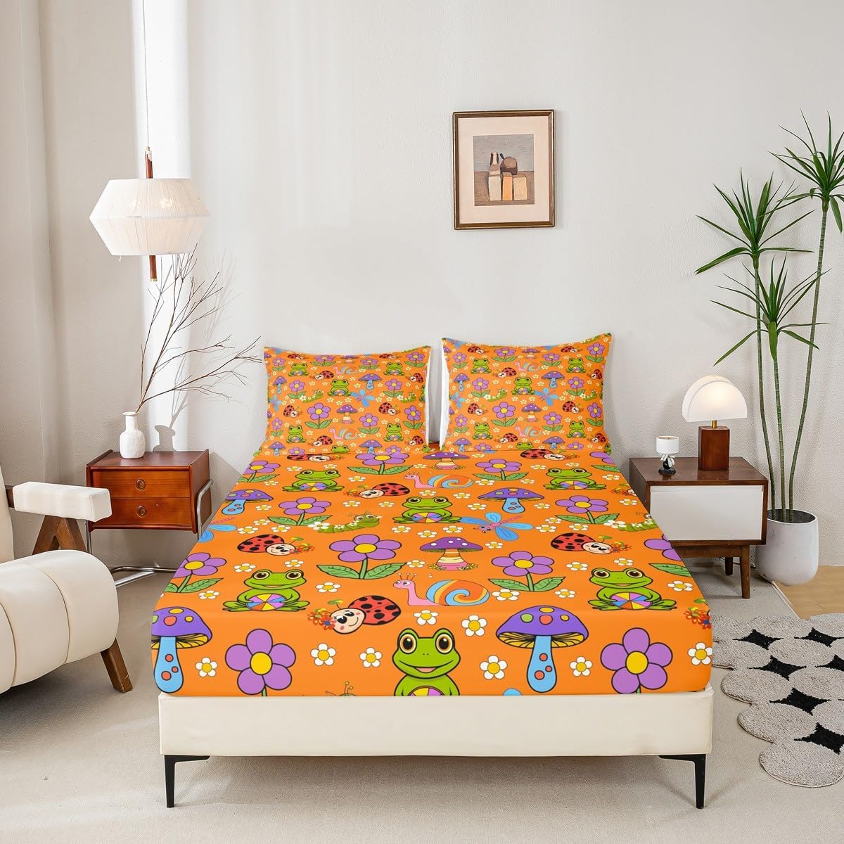 60s 70s 80s Fashion Bed Sheets Groovy Floral Flower Fitted Sheet Full Size, Cartoon Frog Snail Sheets Trippy Hippie Mushroom Bedding, Cute Ladybird Dragonfly Bed Cover Orange (Deep Pocket)